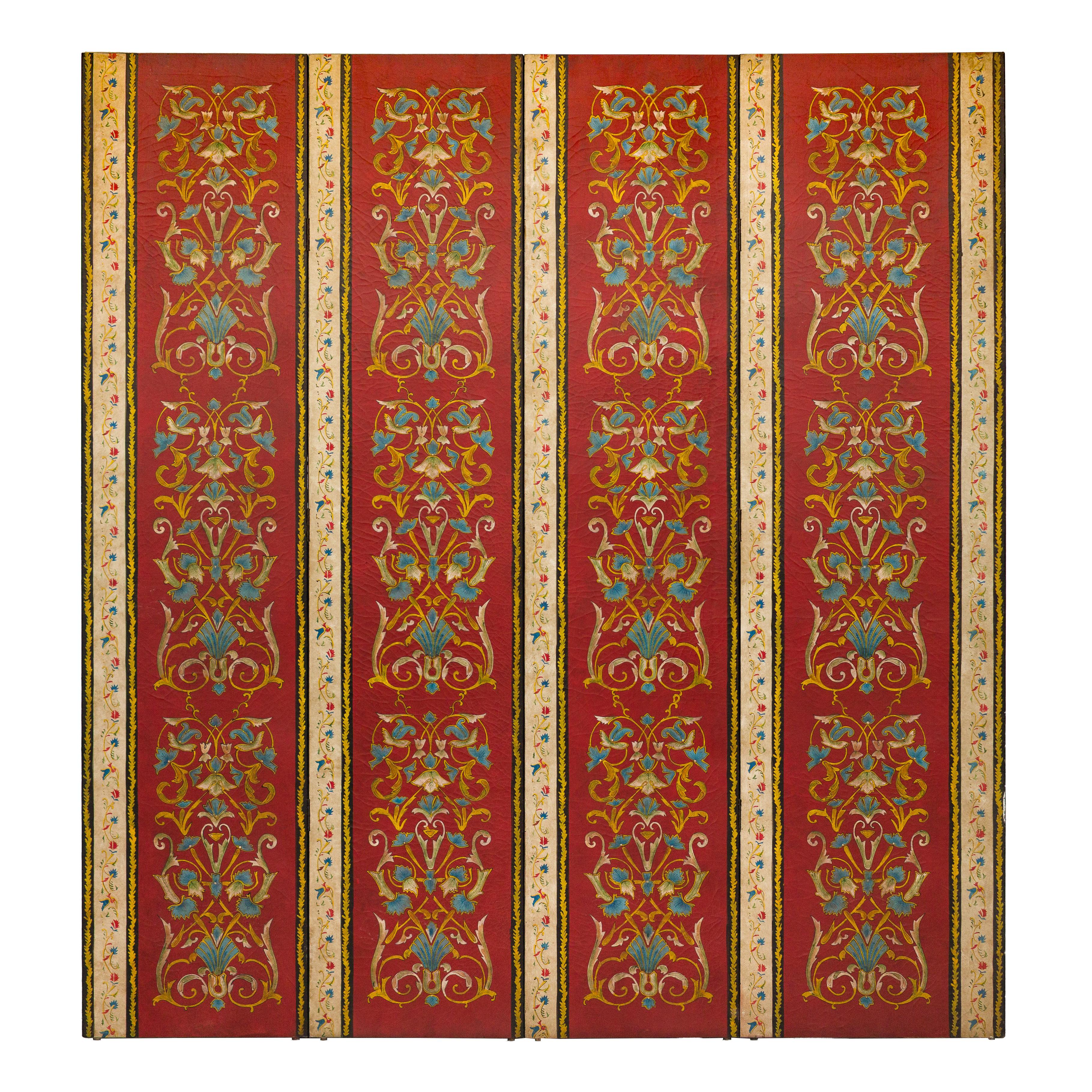 Four-Panel Red Lacquer Folding Screen with Hand-Painted Floral Scrollwork For Sale 12
