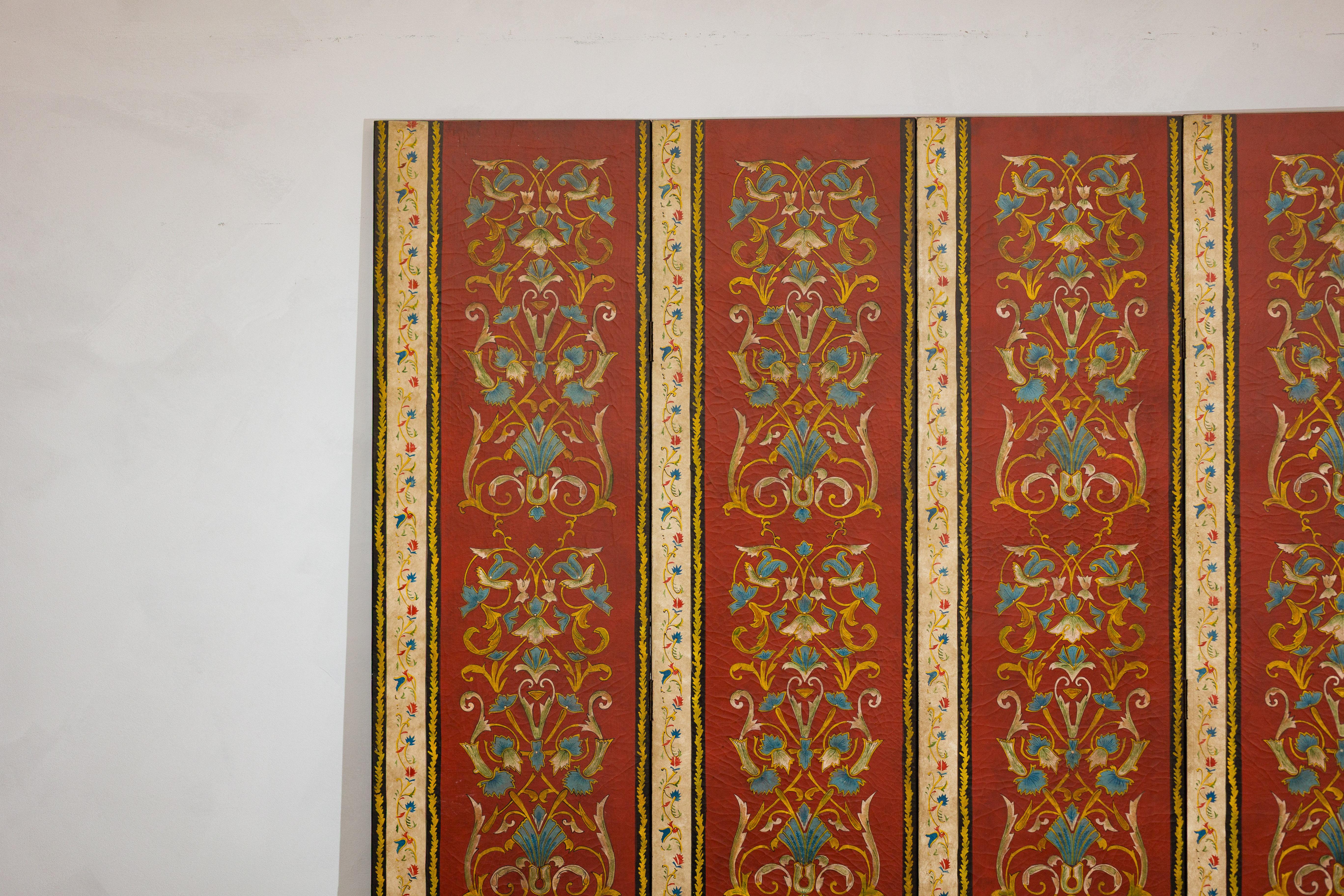 Chinese Four-Panel Red Lacquer Folding Screen with Hand-Painted Floral Scrollwork For Sale