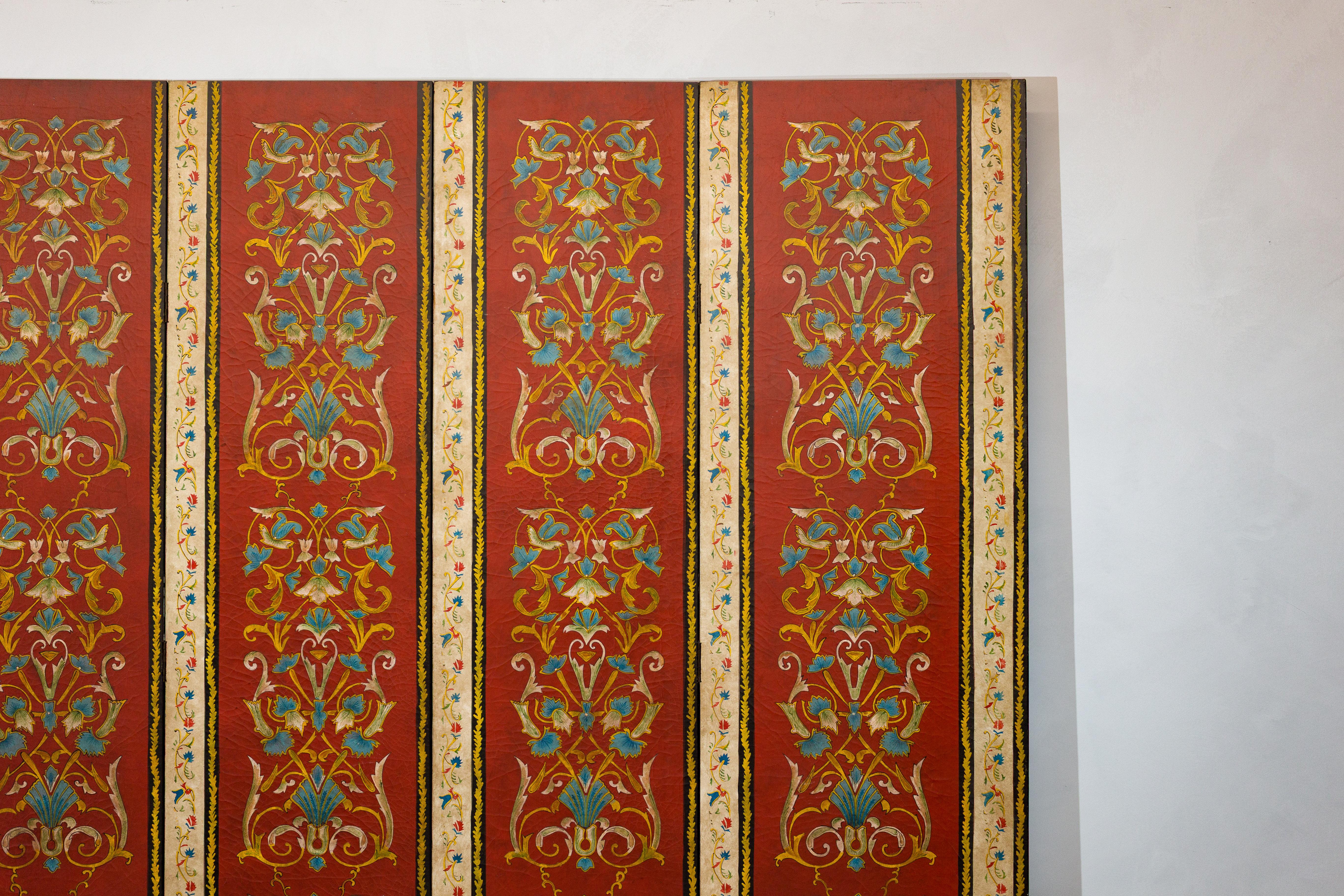 Lacquered Four-Panel Red Lacquer Folding Screen with Hand-Painted Floral Scrollwork For Sale
