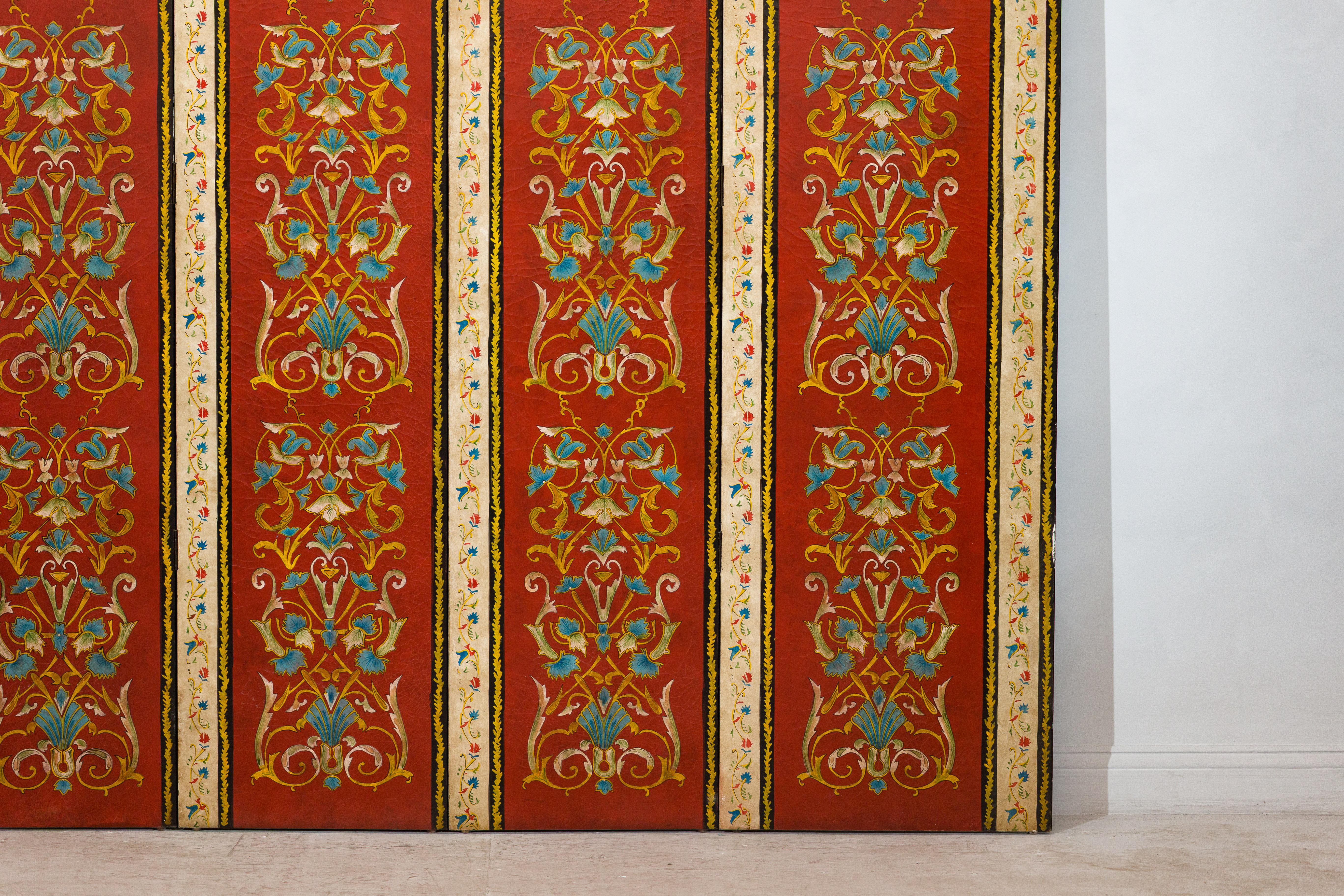 Four-Panel Red Lacquer Folding Screen with Hand-Painted Floral Scrollwork In Good Condition For Sale In Yonkers, NY