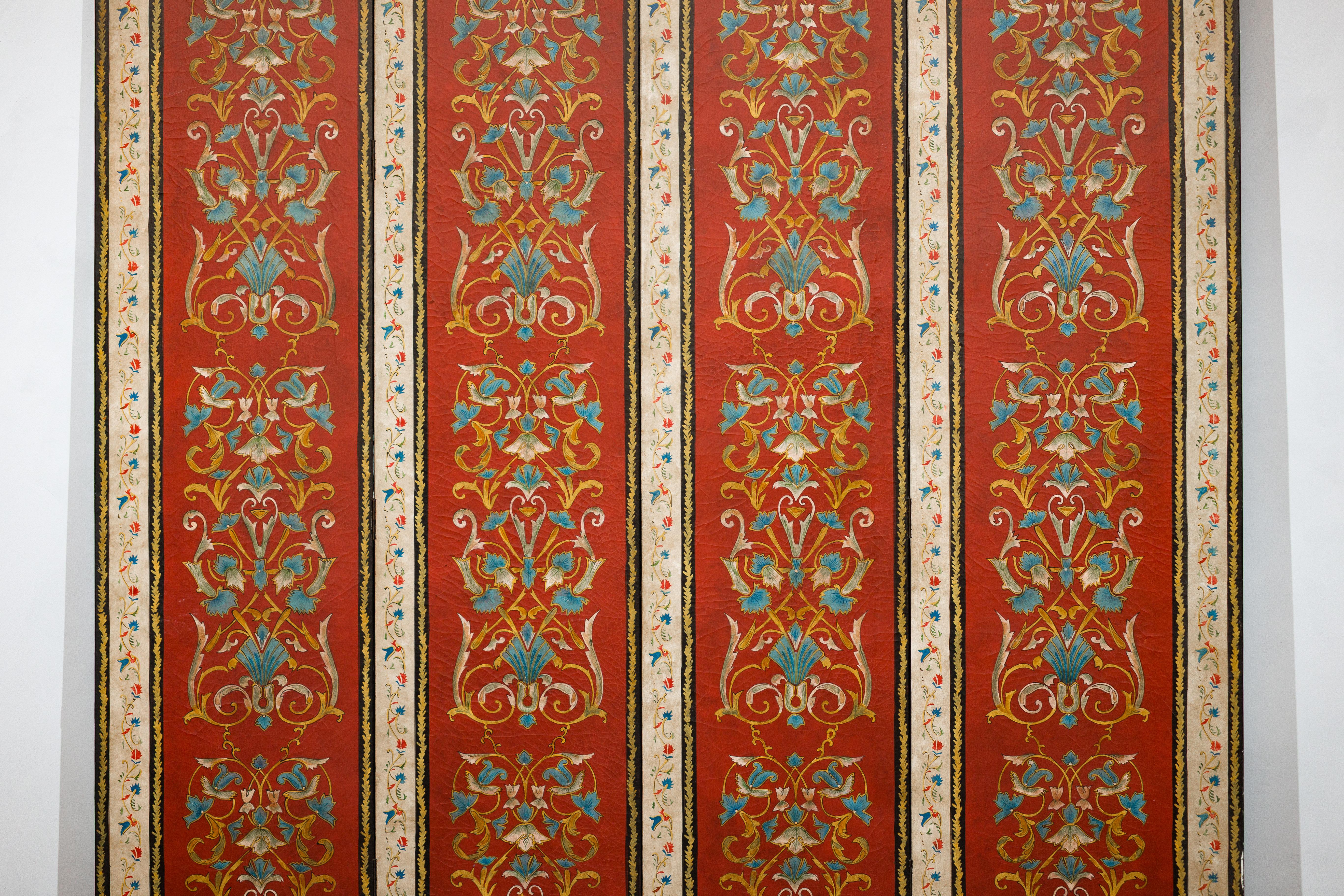 Gesso Four-Panel Red Lacquer Folding Screen with Hand-Painted Floral Scrollwork For Sale