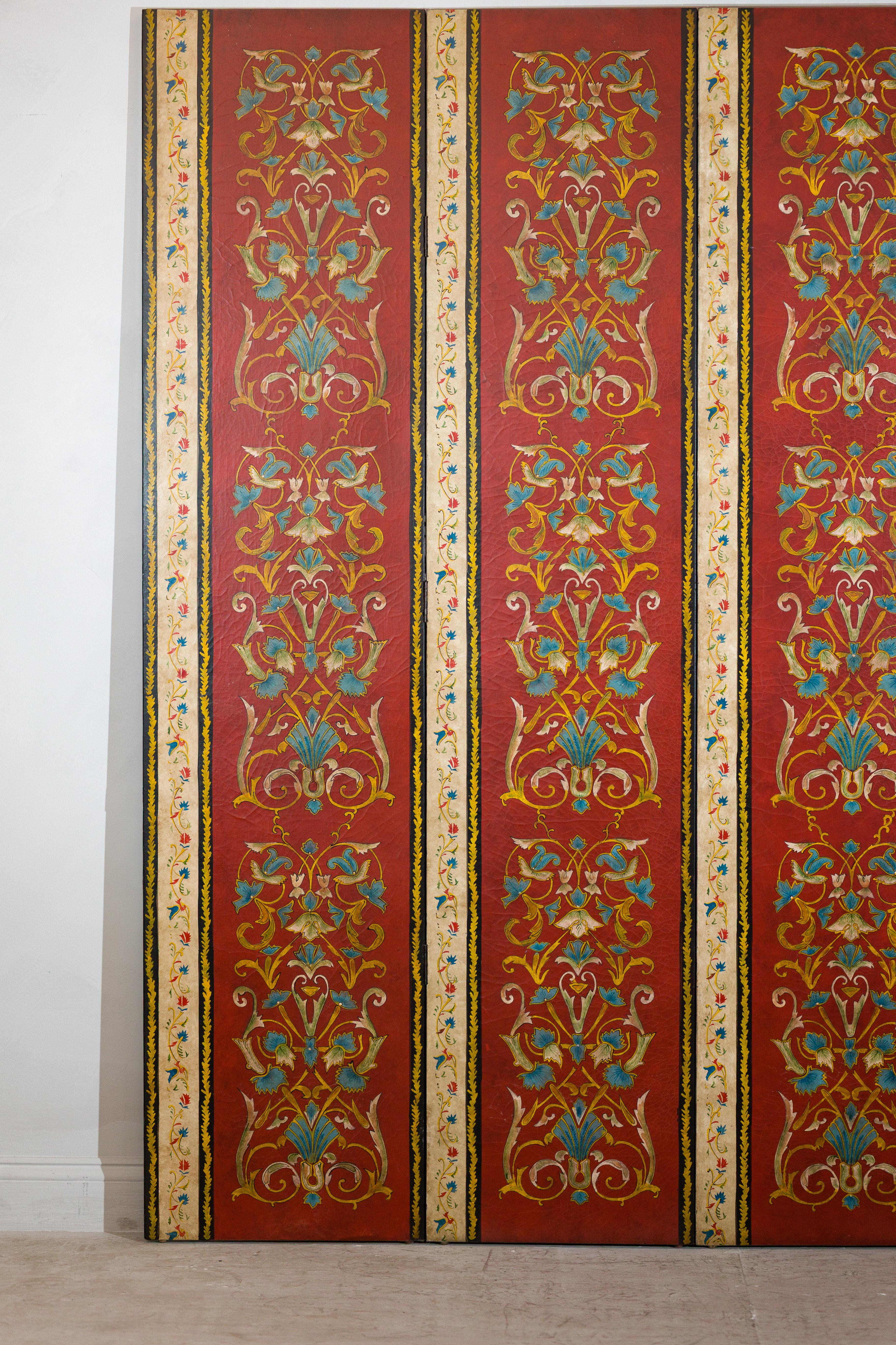 Four-Panel Red Lacquer Folding Screen with Hand-Painted Floral Scrollwork For Sale 1