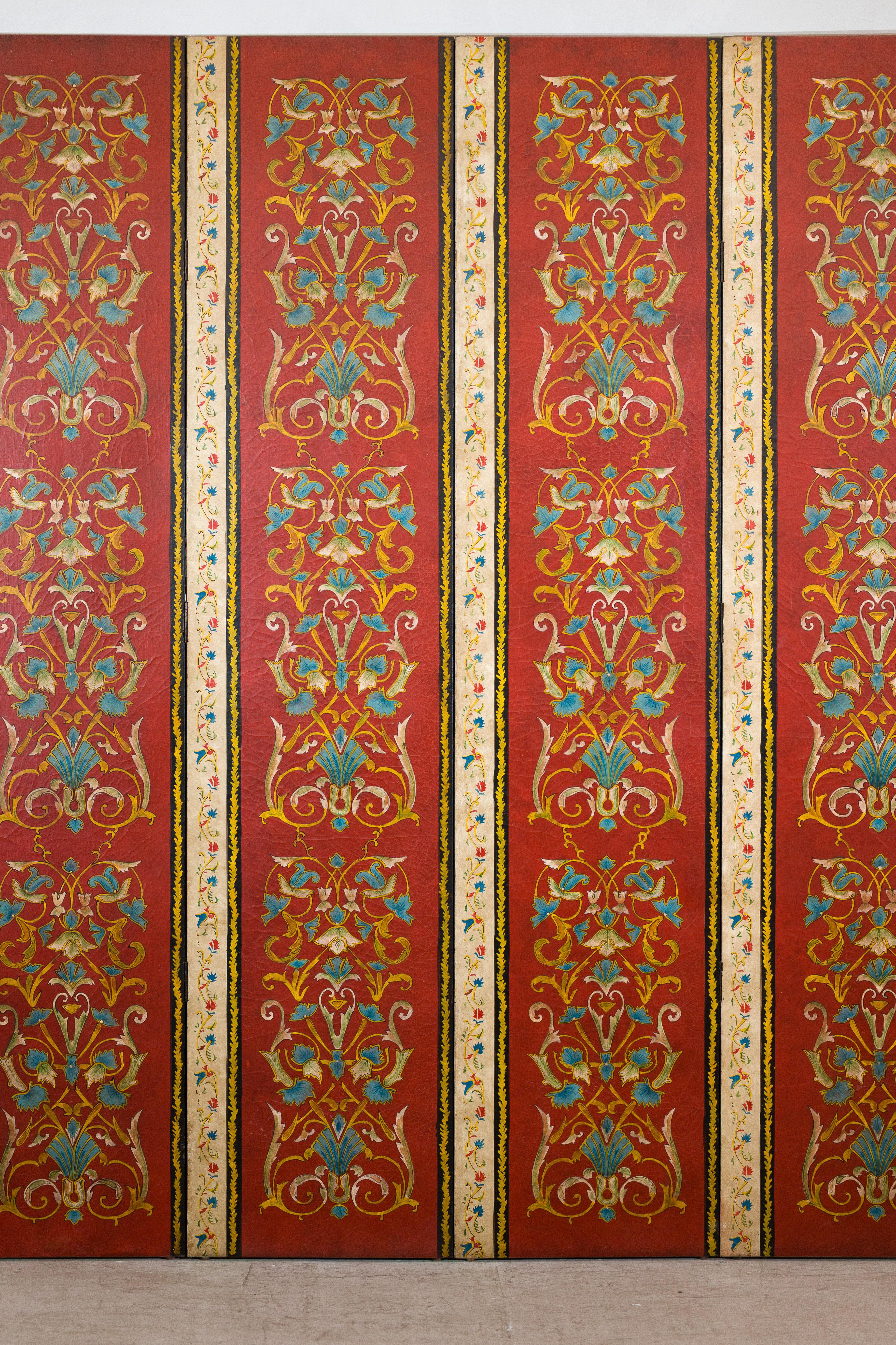 Four-Panel Red Lacquer Folding Screen with Hand-Painted Floral Scrollwork For Sale 2