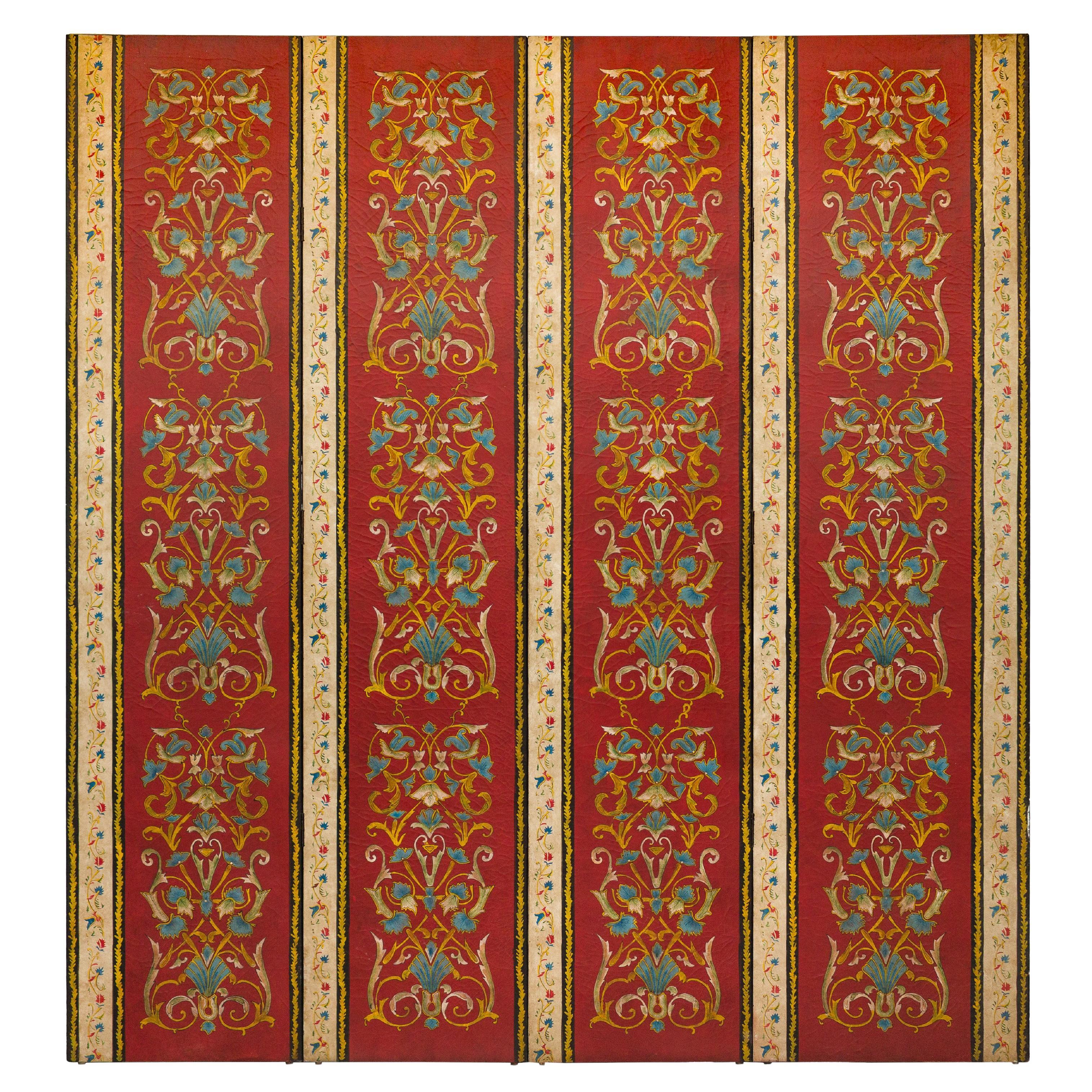 Four-Panel Red Lacquer Folding Screen with Hand-Painted Floral Scrollwork For Sale
