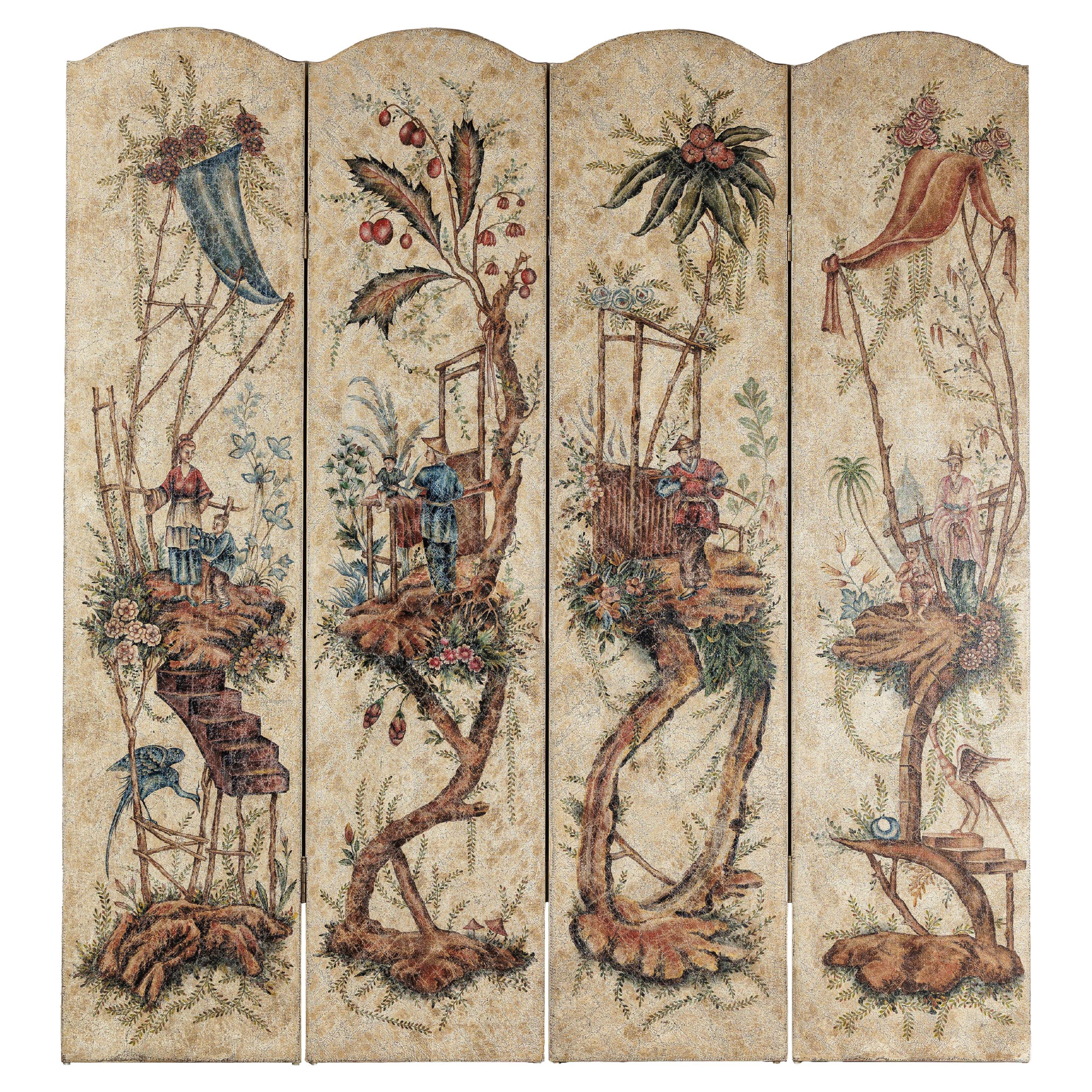 Four-Panel Scalloped Folding Screen with Painted Chinoiserie Motifs