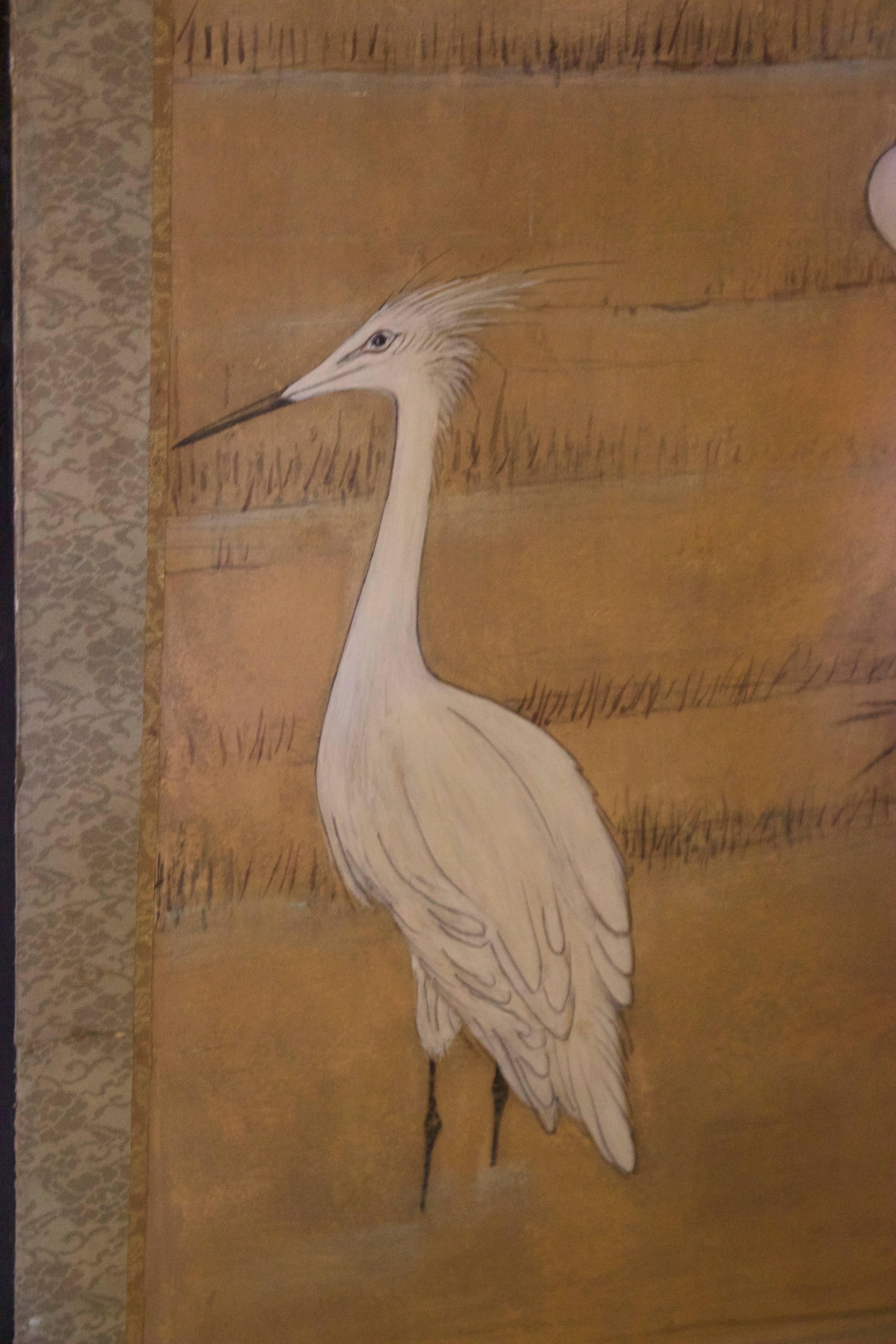 Four-Panel Screen Japan Decoration with Herons, Pencil and Gouache on Paper 1