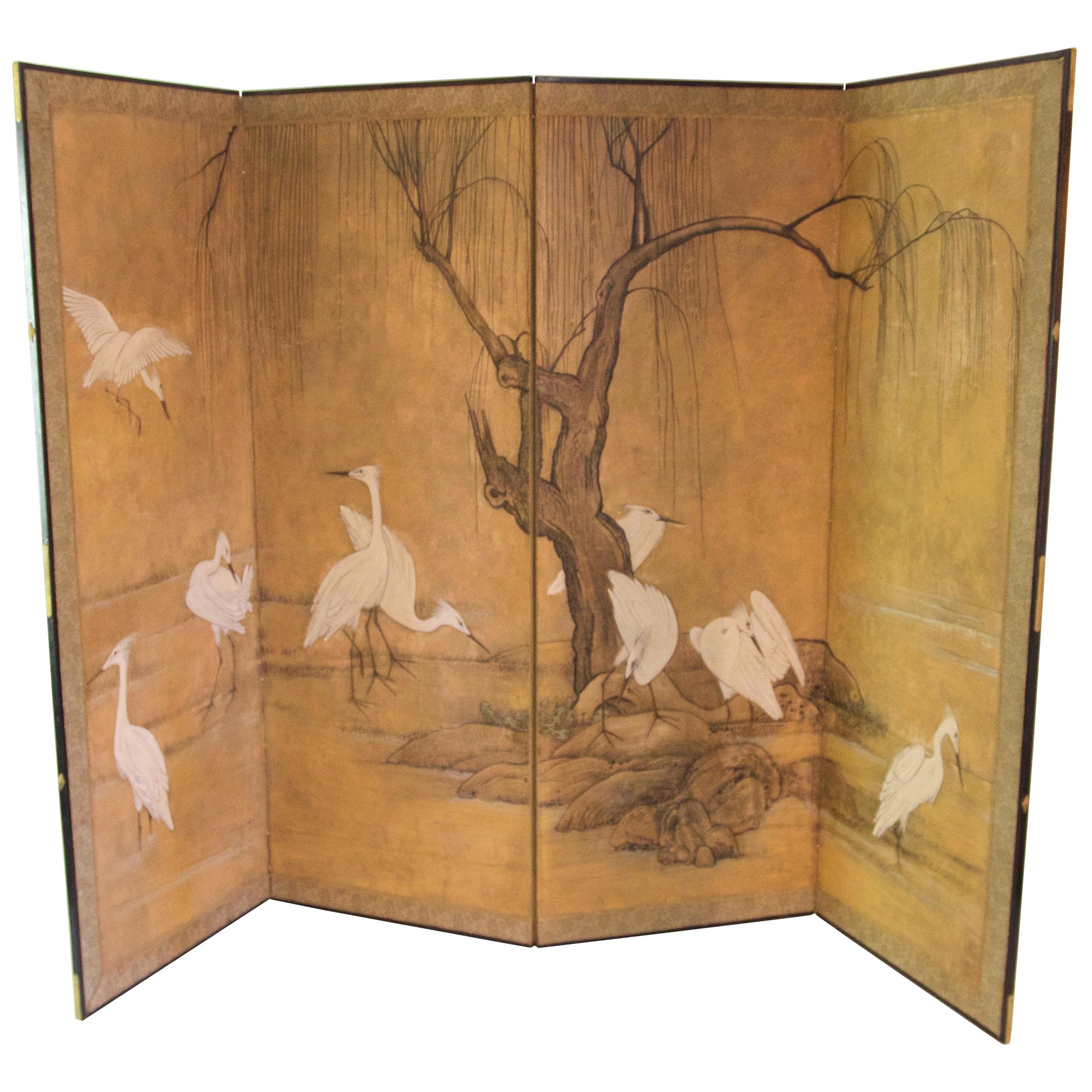 Four-Panel Screen Japan Decoration with Herons, Pencil and Gouache on Paper