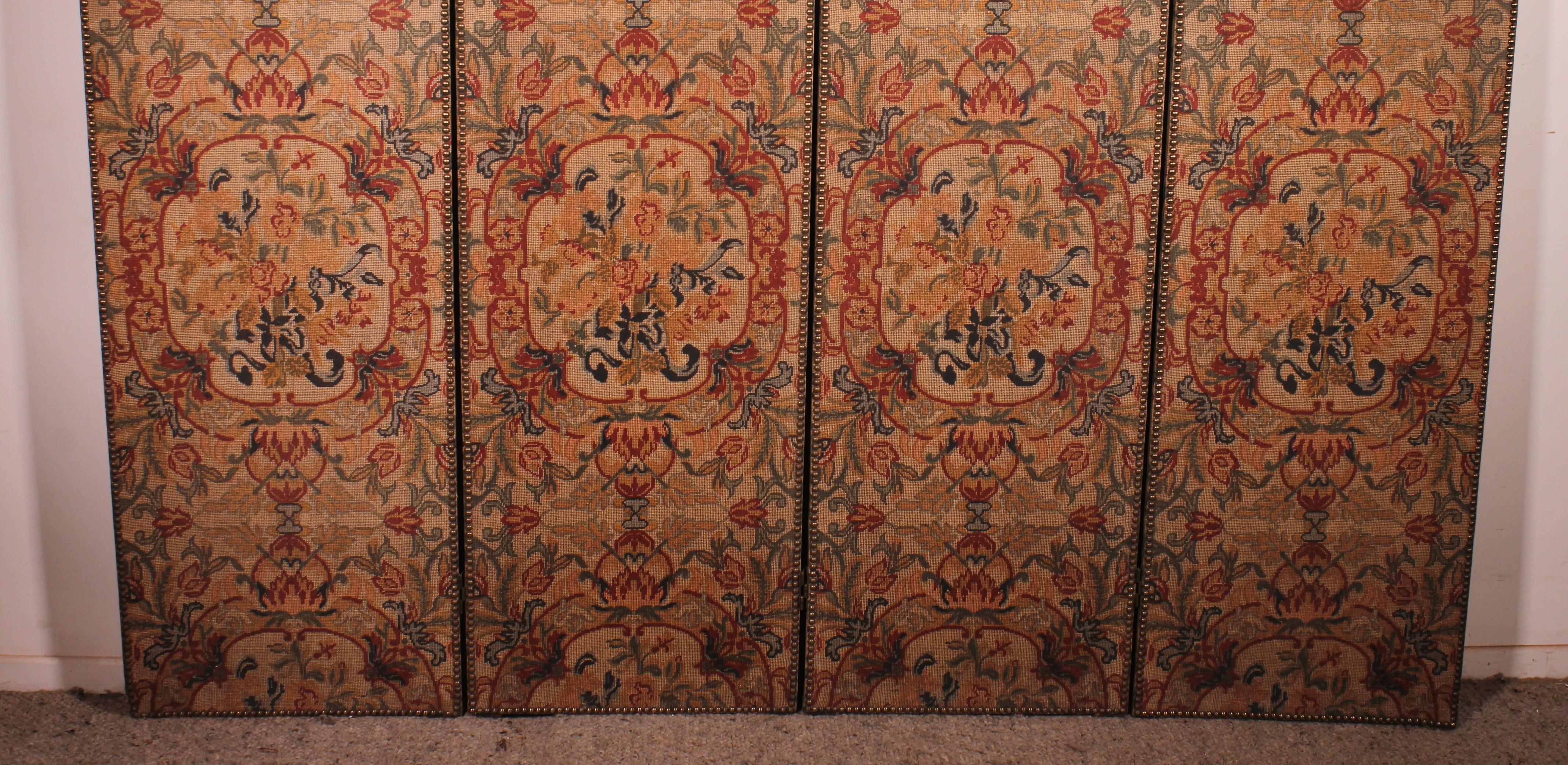 Louis XV Four-panel Screen Painted Ony Fabric From The 19th Century For Sale
