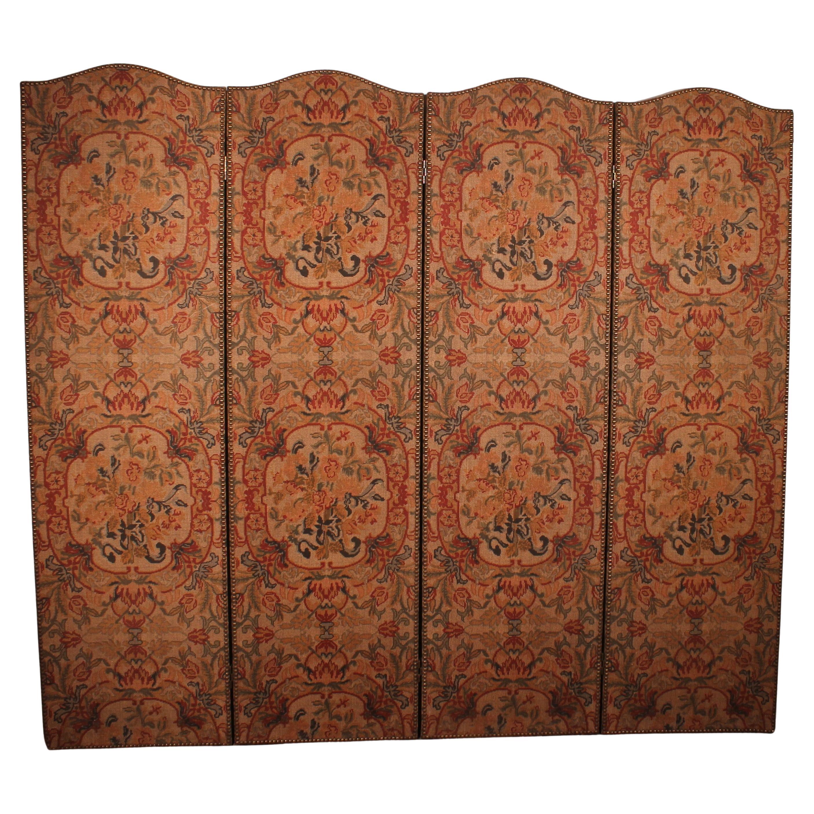 Four-panel Screen Painted Ony Fabric From The 19th Century For Sale