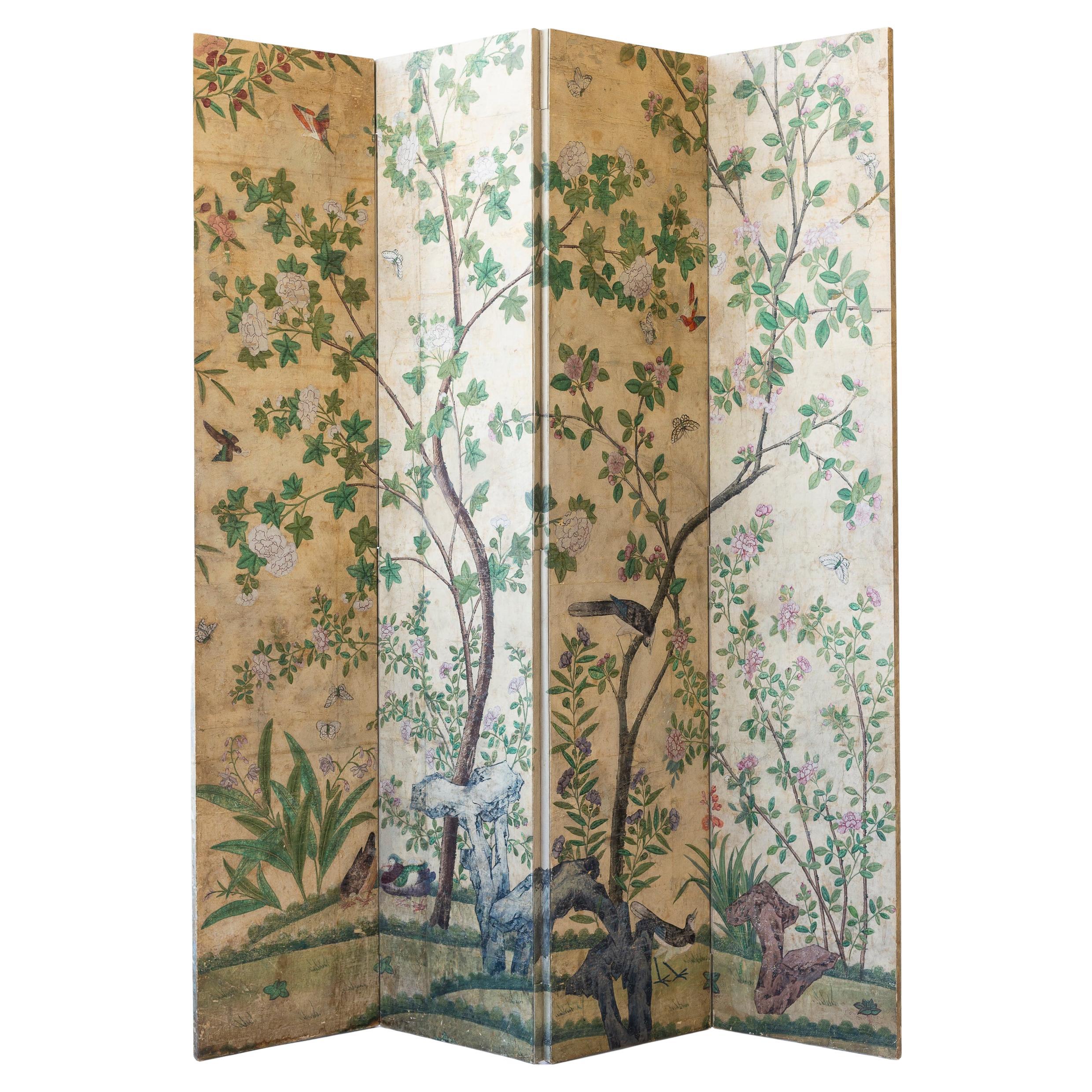Four Panel Screen with Antique Chinese Handpainted Floral Wallpaper