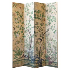 Four Panel Screen with Antique Chinese Handpainted Floral Wallpaper