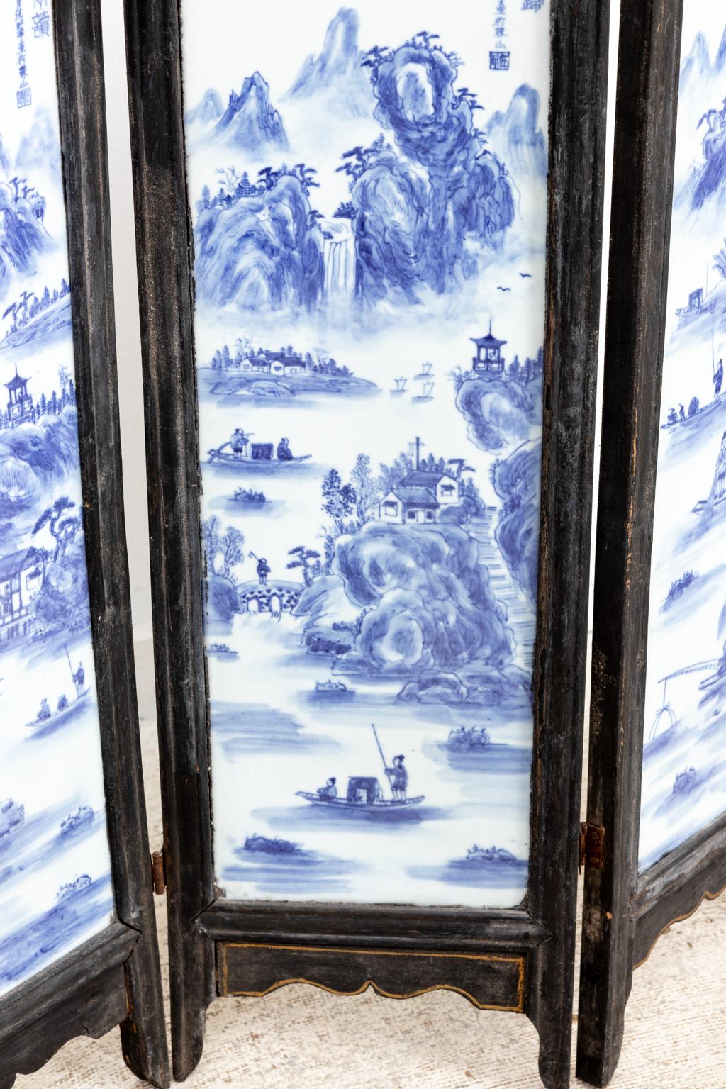 19th Century Four Panel Screen with Blue and White Painted Porcelain Panels