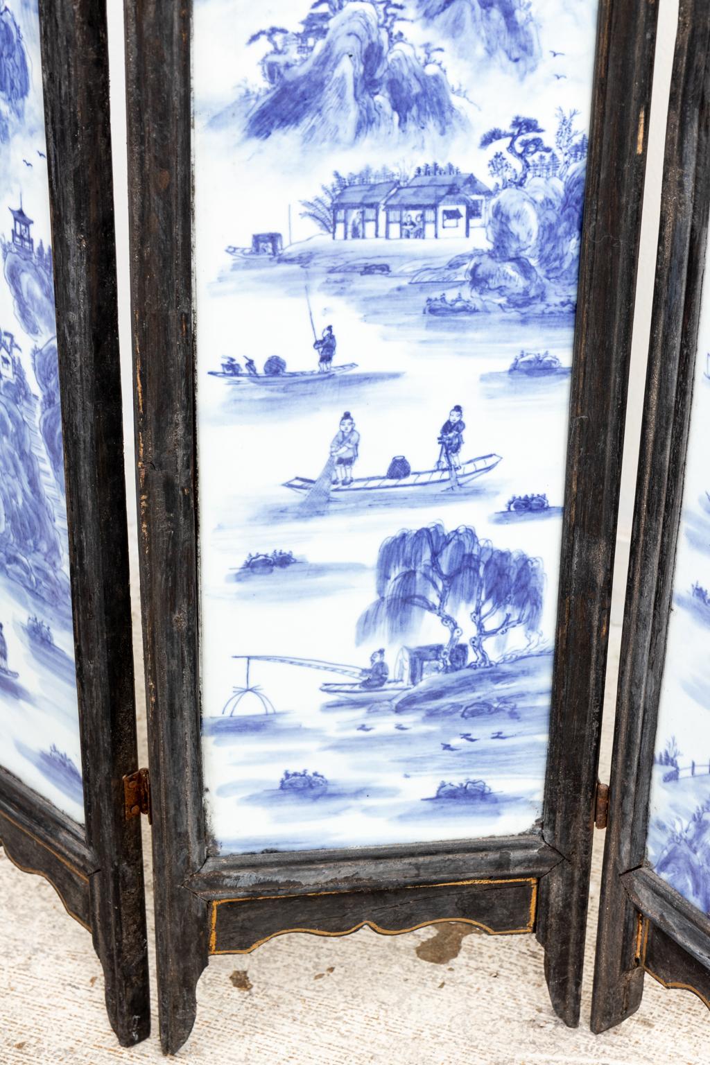 Four Panel Screen with Blue and White Painted Porcelain Panels 1