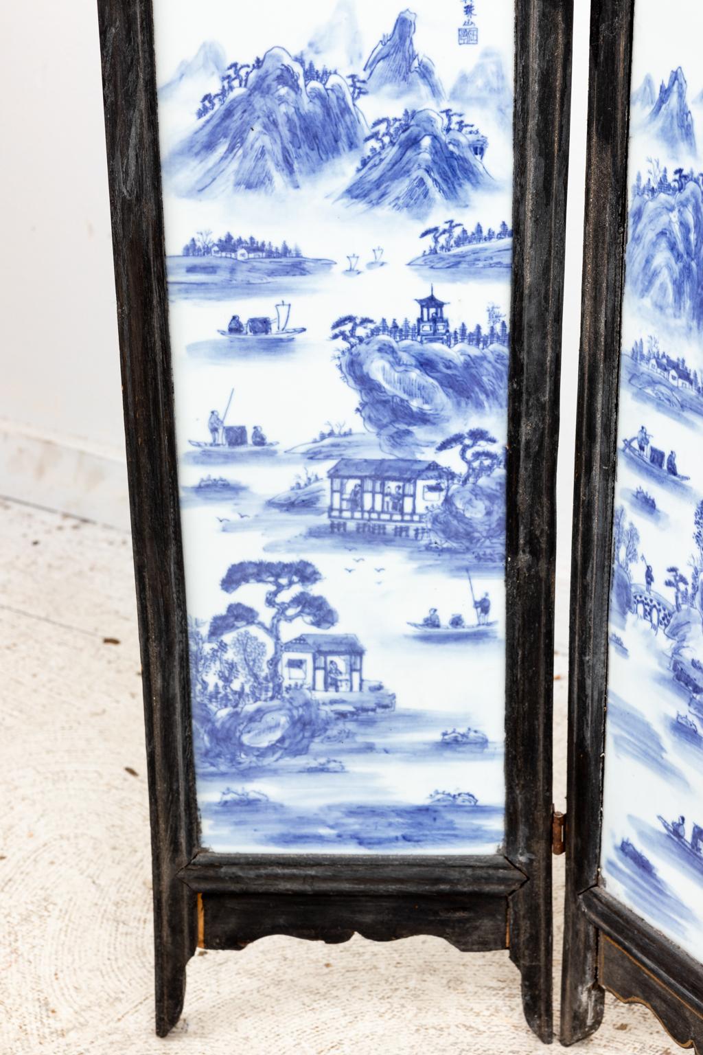 Four Panel Screen with Blue and White Painted Porcelain Panels 3