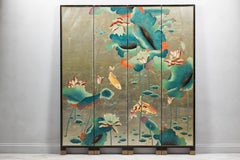 Four-Panel Screen with Koi and Lotus Design, Brass Feet, Elegant Room Divider