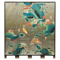 Vierteiliger Raumteiler mit Koi- und Lotus-Design, Messingfüßen, eleganter Raumteiler