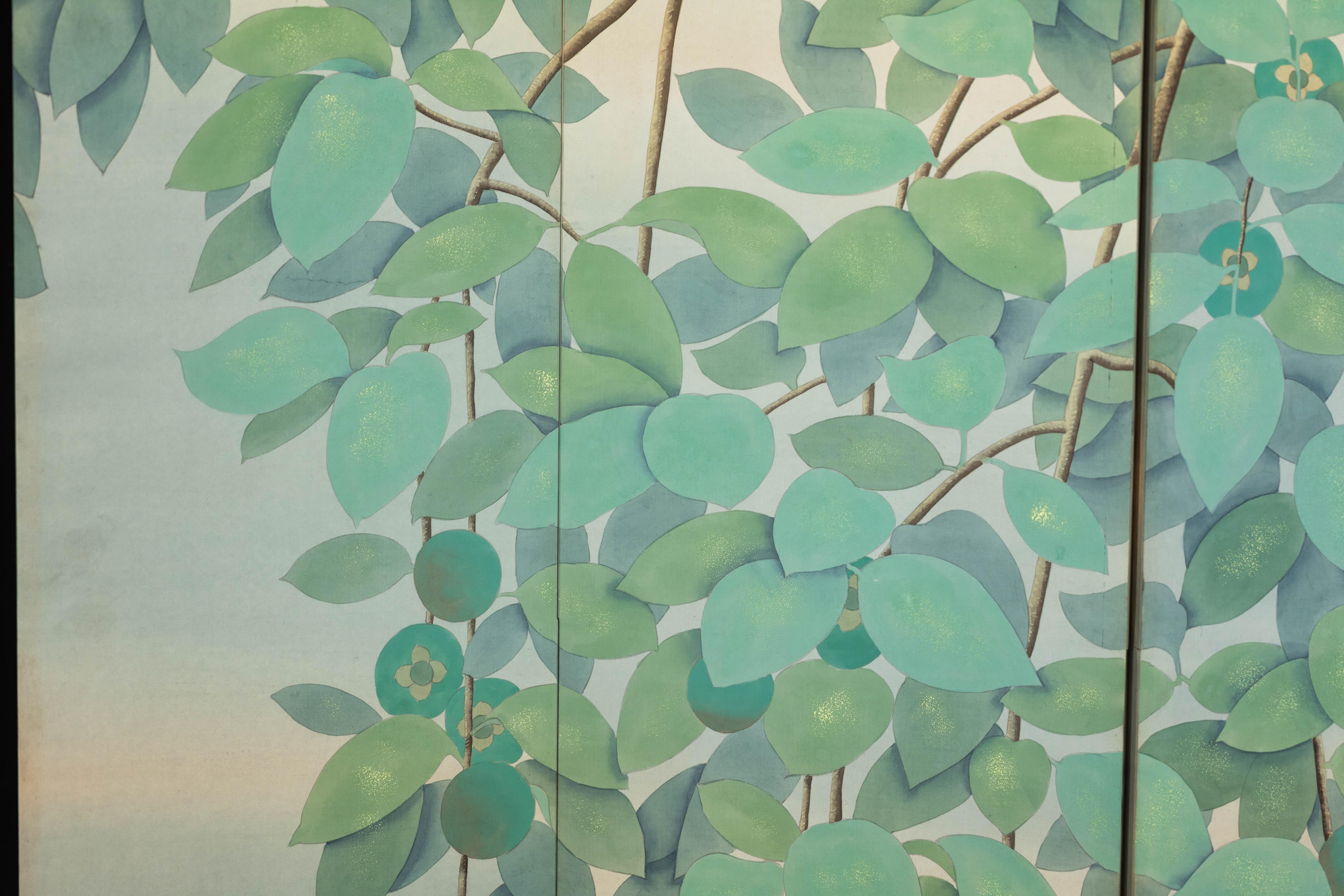 Four-Panel Screen with Painted Leaves and Black Cat Scene 3