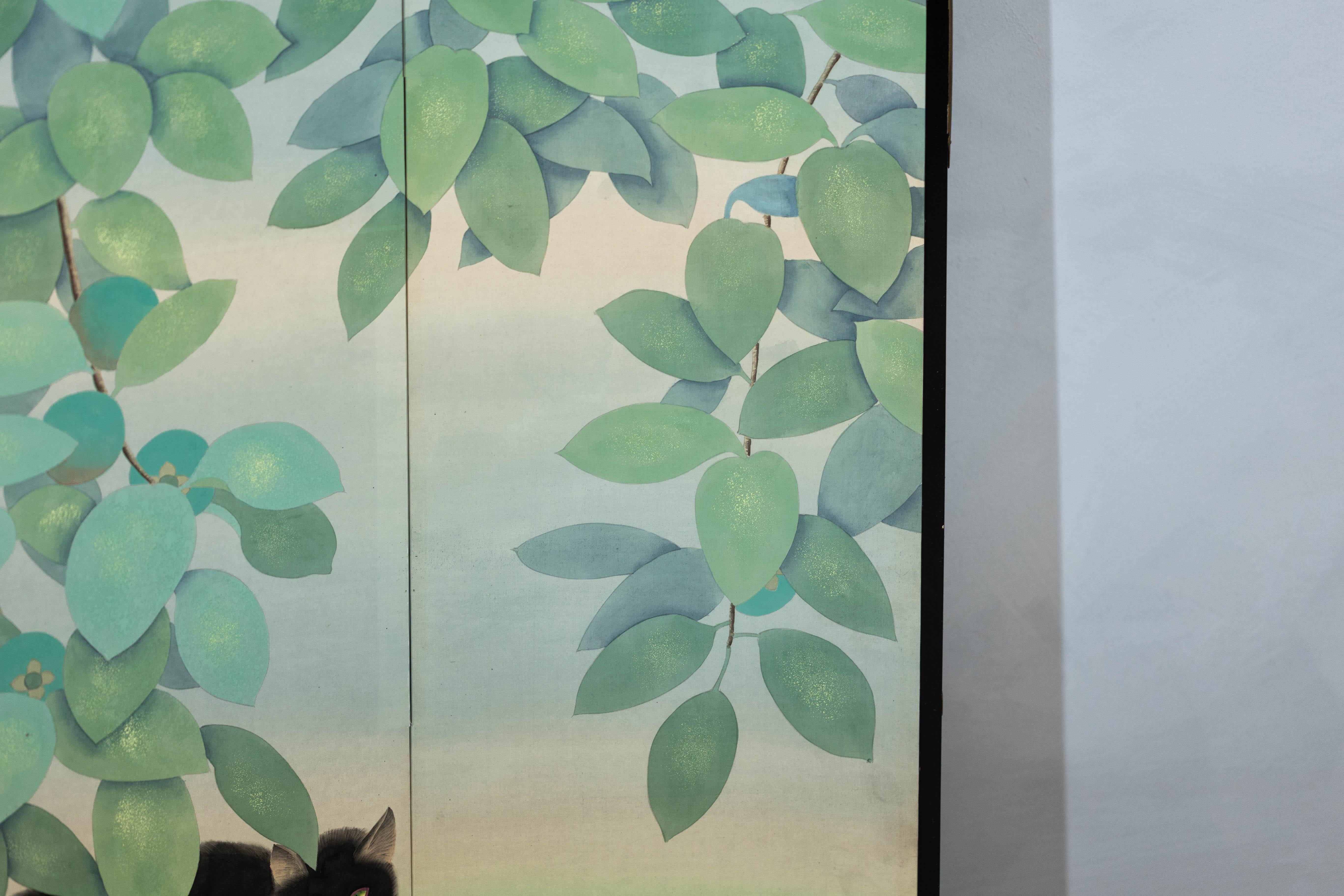 Four-Panel Screen with Painted Leaves and Black Cat Scene 5
