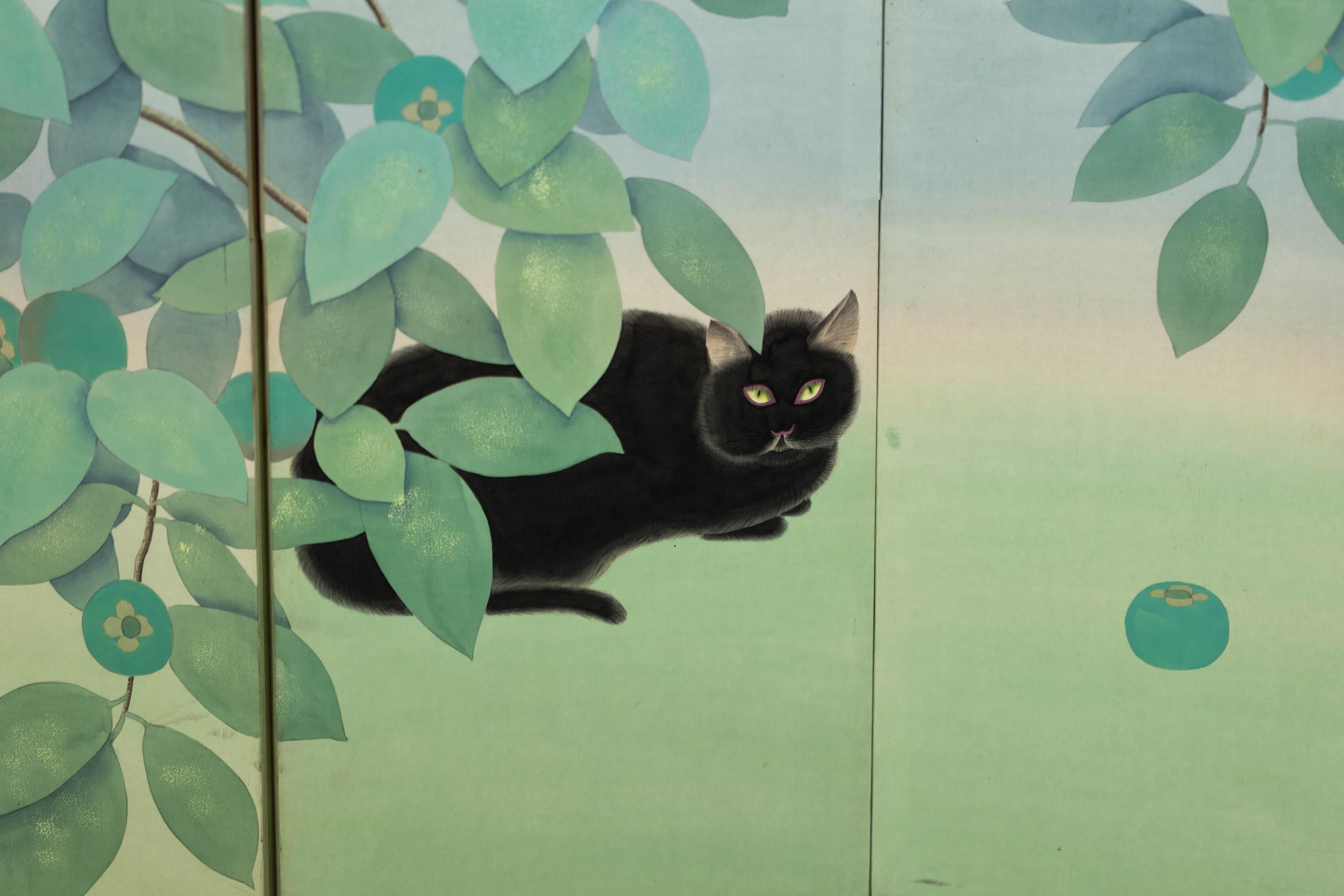 Four-Panel Screen with Painted Leaves and Black Cat Scene 6