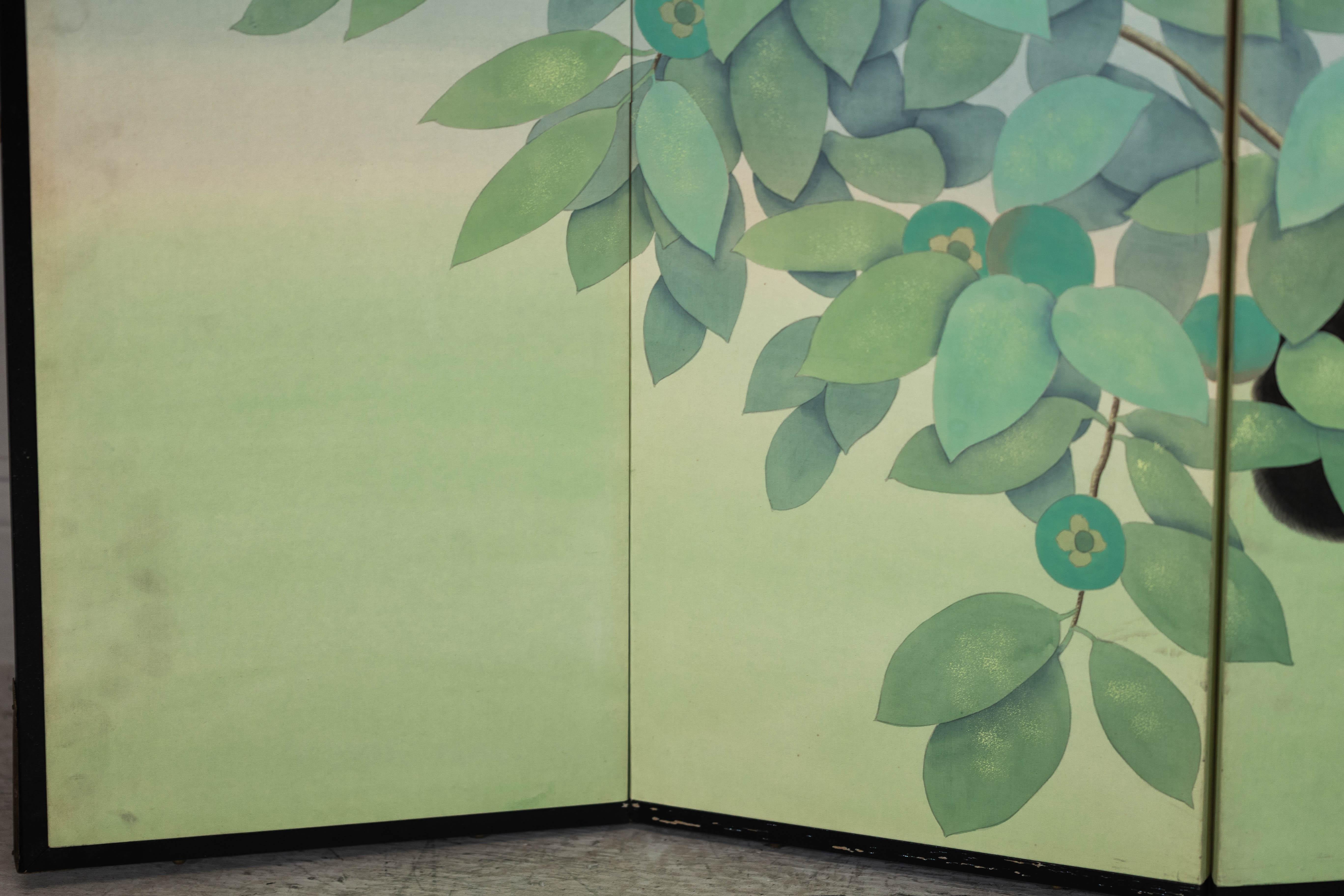 Four-Panel Screen with Painted Leaves and Black Cat Scene 7