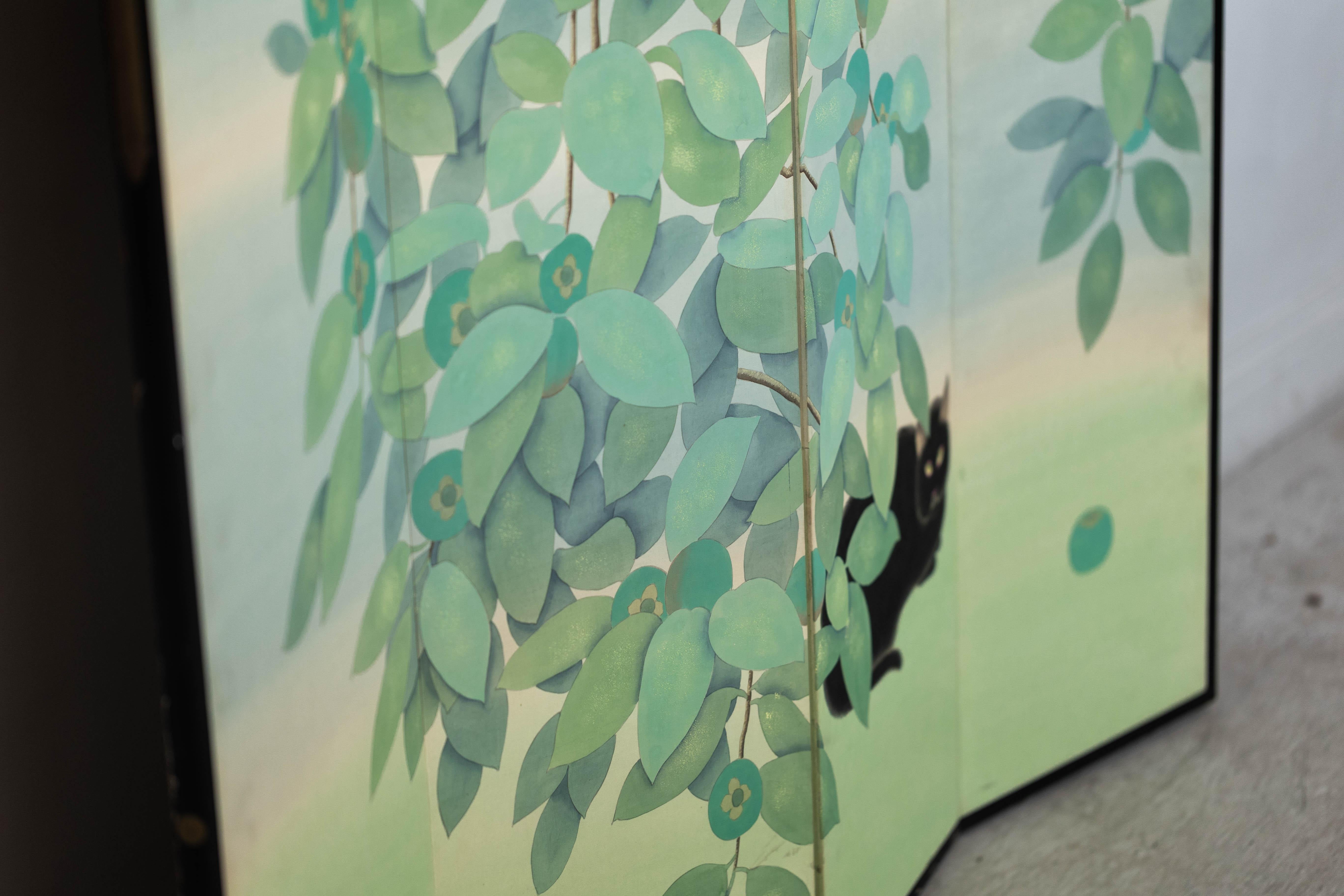 Four-Panel Screen with Painted Leaves and Black Cat Scene 11
