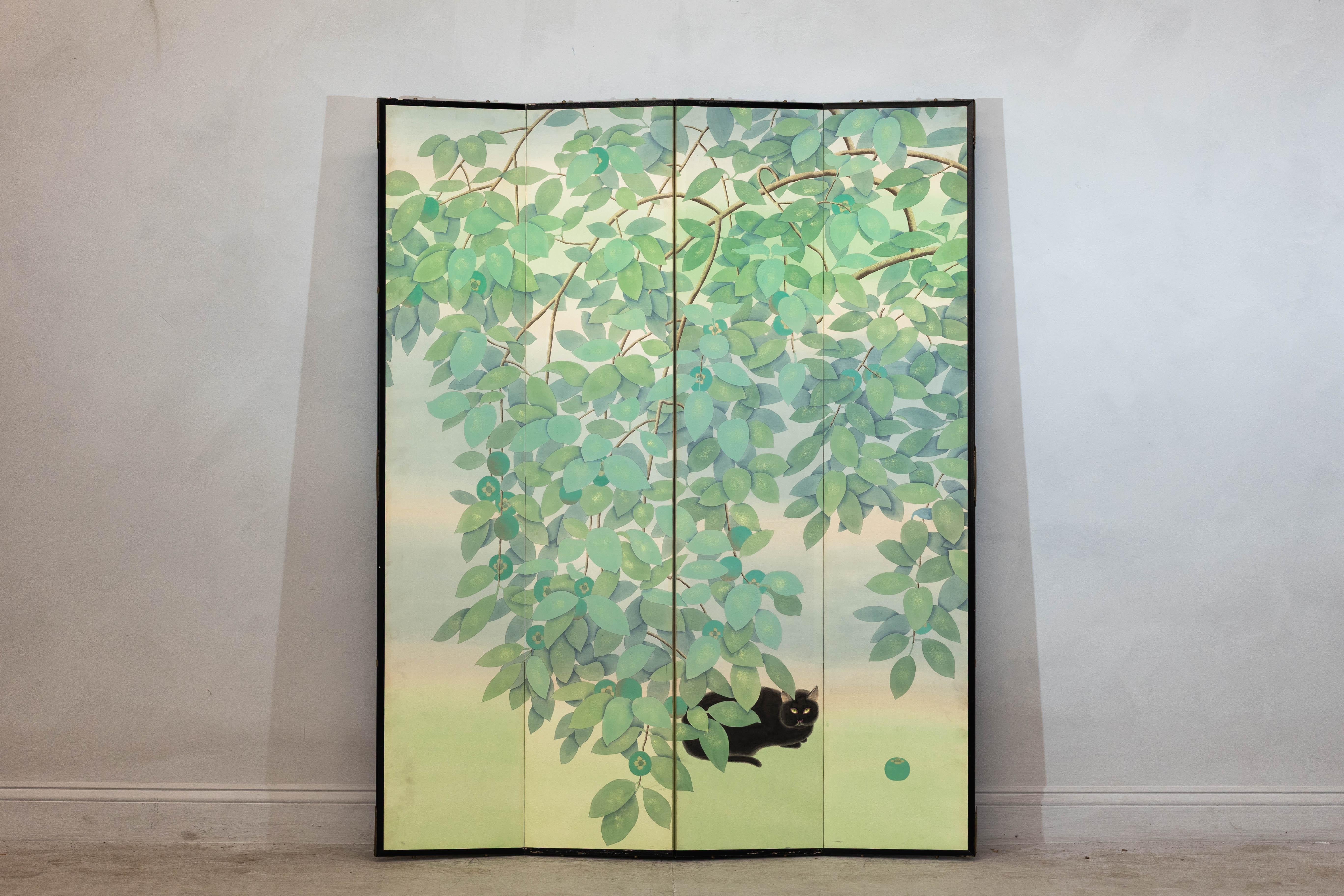 A whimsical composition of stylized foliage and a single, watchful black cat animates this four-panel vintage Chinese folding screen. Painted in gradations of pale jade, celadon, and mint, the oversized leaves are rendered in a flat, matte style