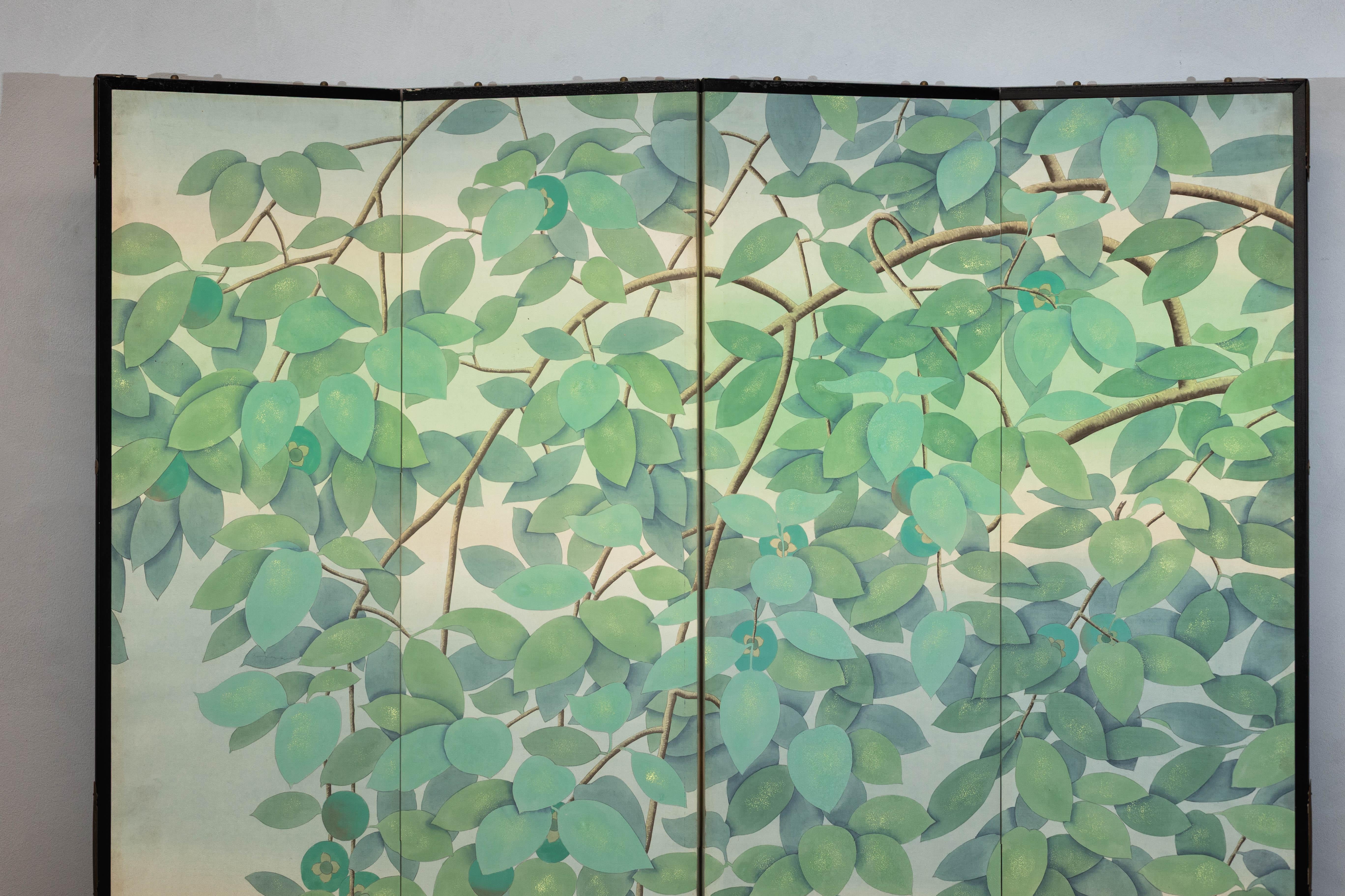 Chinese Four-Panel Screen with Painted Leaves and Black Cat Scene