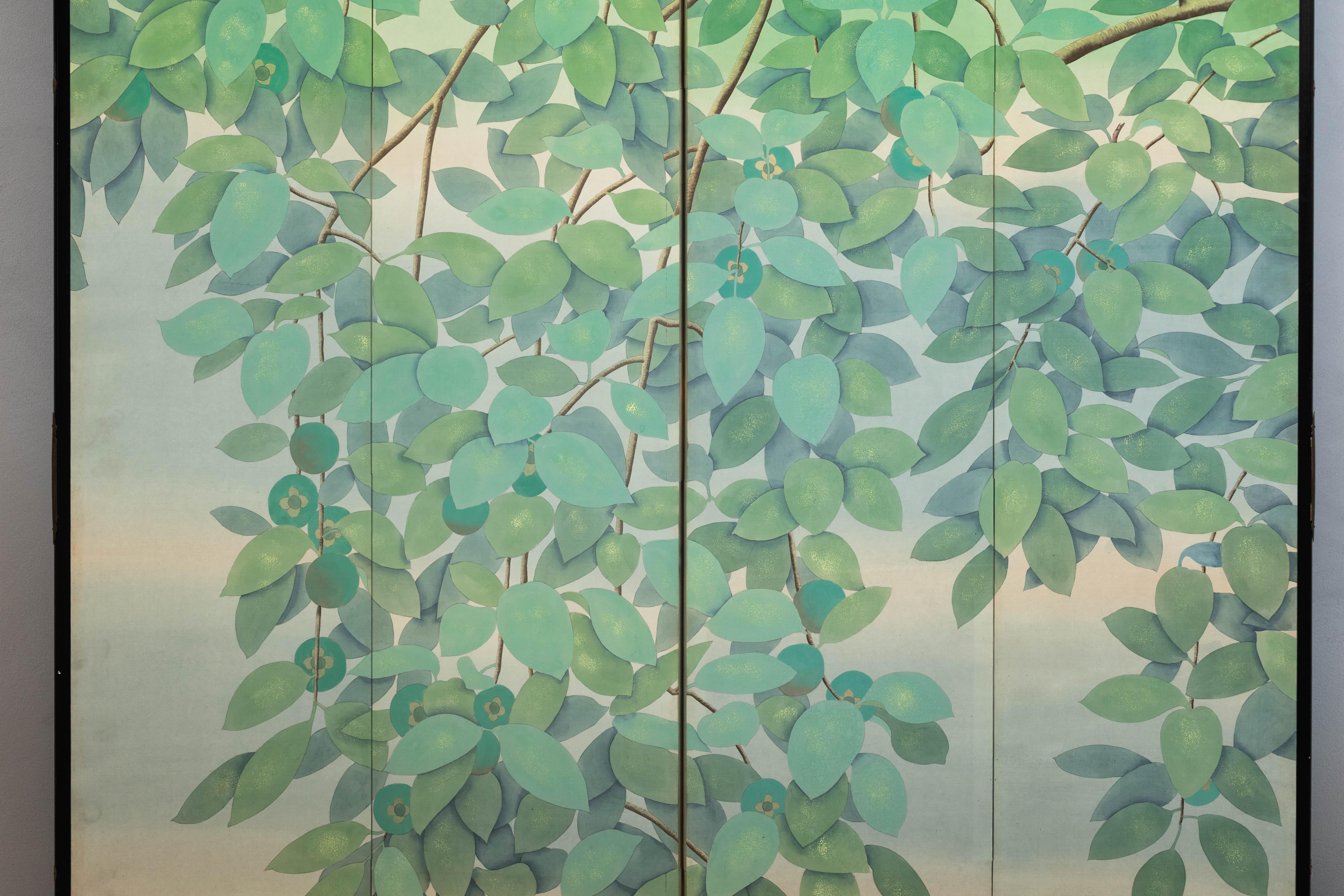Hand-Painted Four-Panel Screen with Painted Leaves and Black Cat Scene
