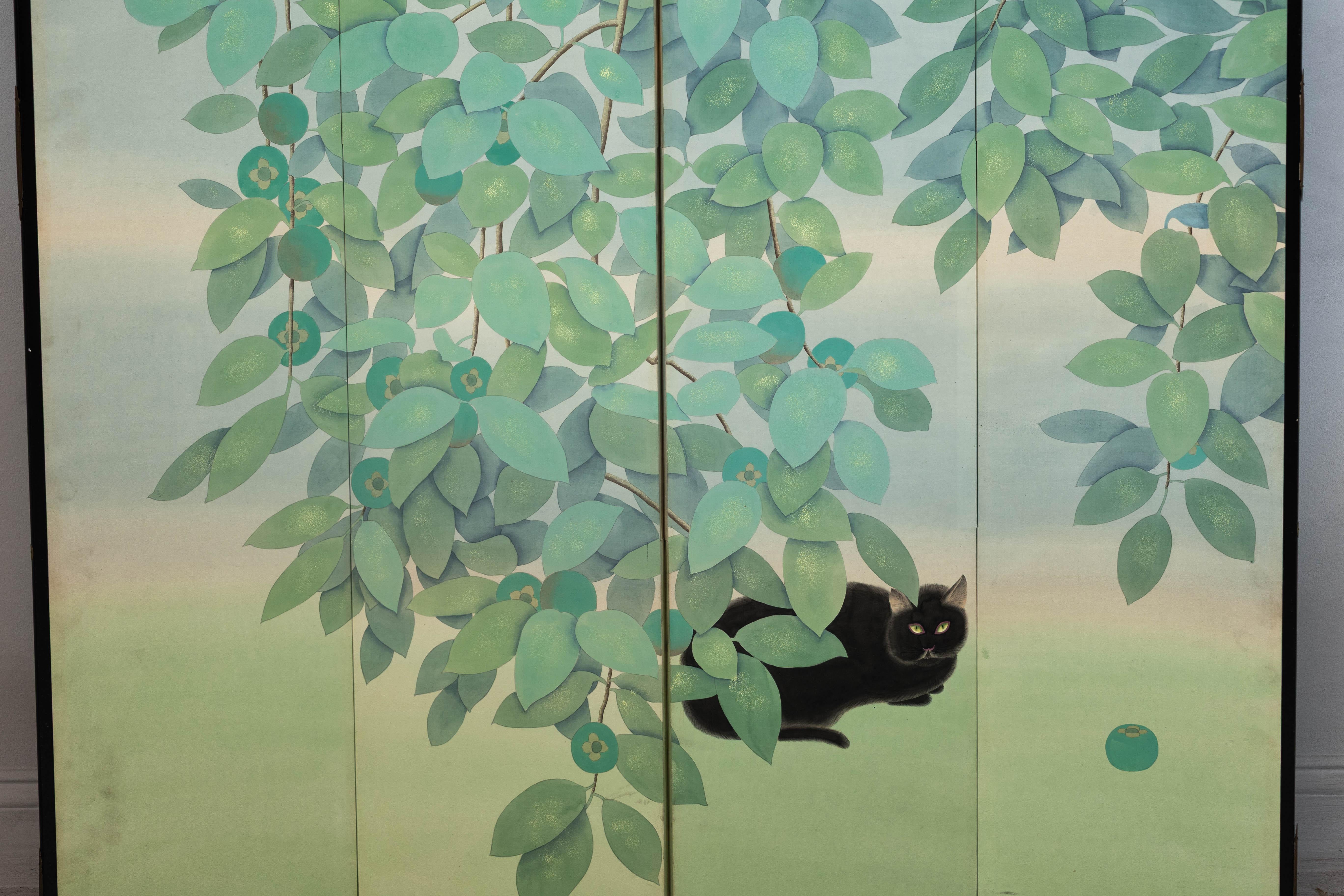 Four-Panel Screen with Painted Leaves and Black Cat Scene In Good Condition In Yonkers, NY