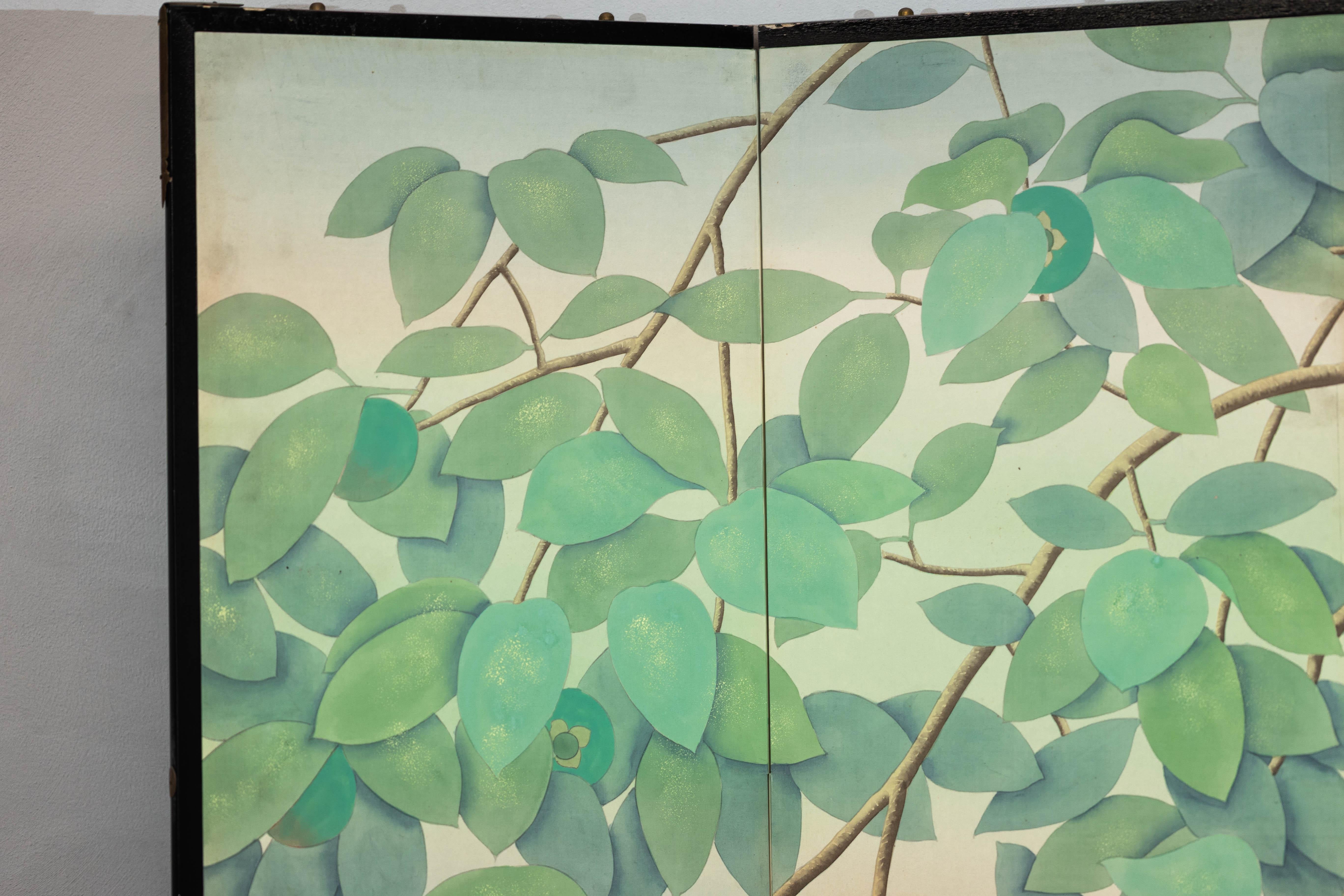 Wood Four-Panel Screen with Painted Leaves and Black Cat Scene