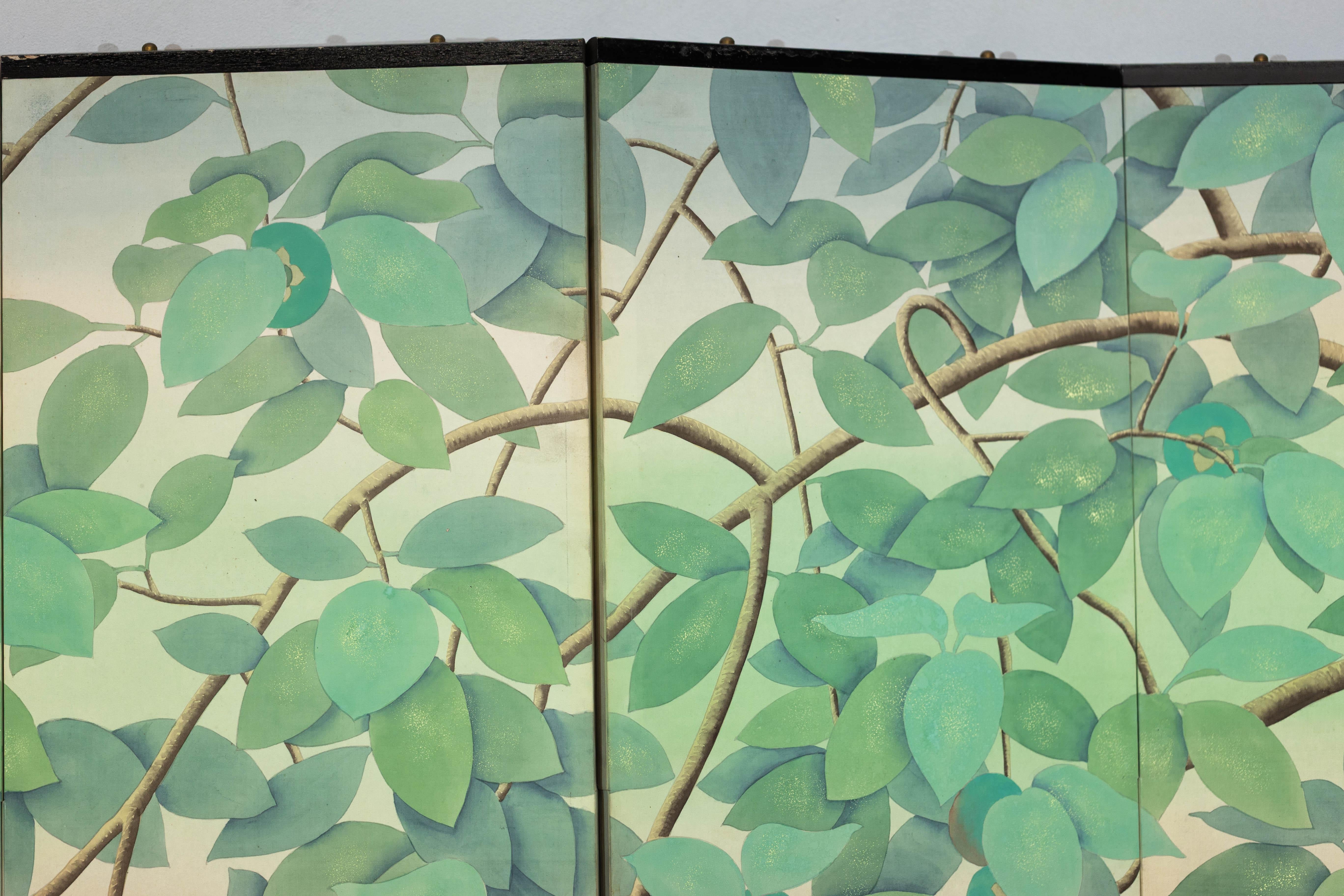 Four-Panel Screen with Painted Leaves and Black Cat Scene 1