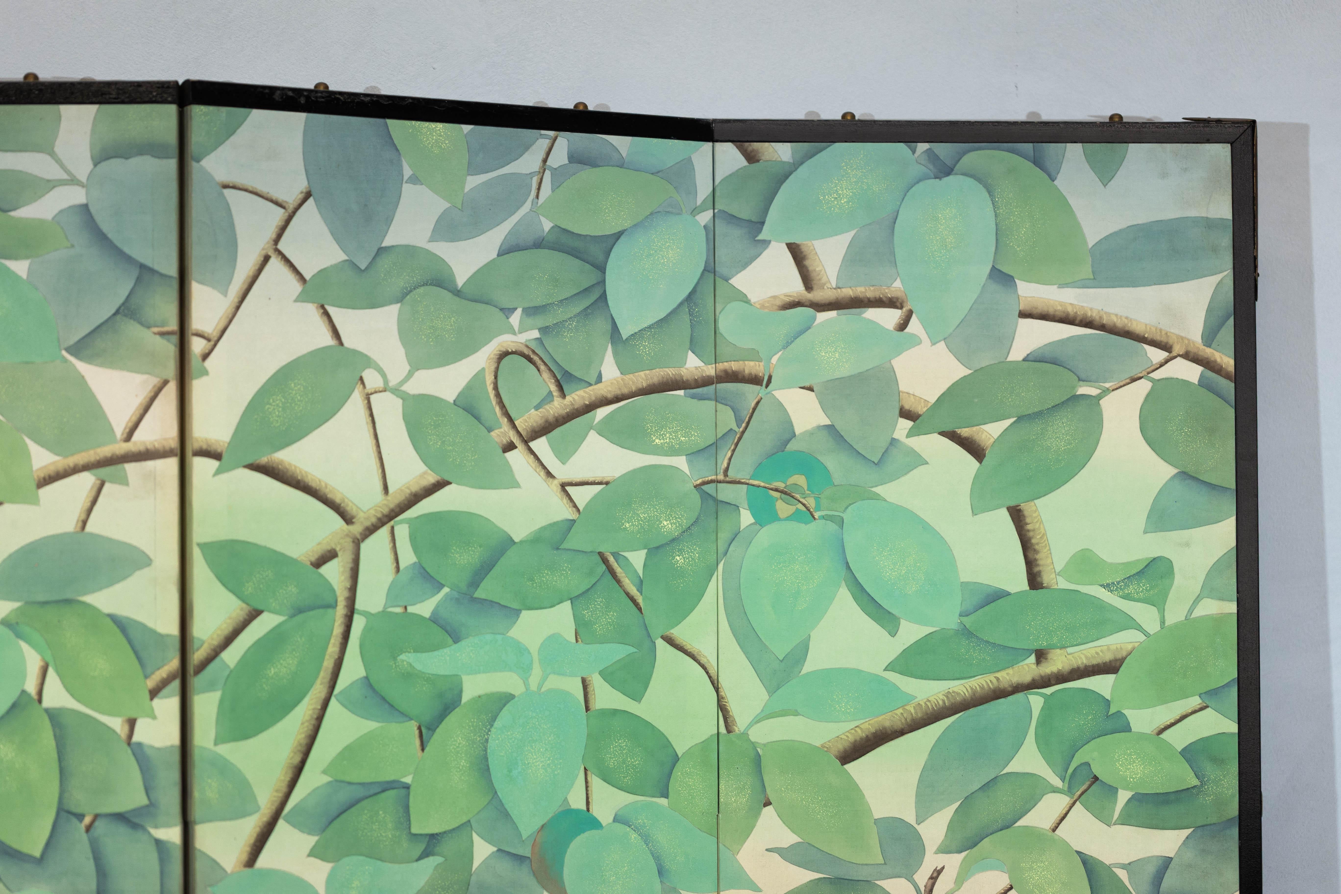 Four-Panel Screen with Painted Leaves and Black Cat Scene 2