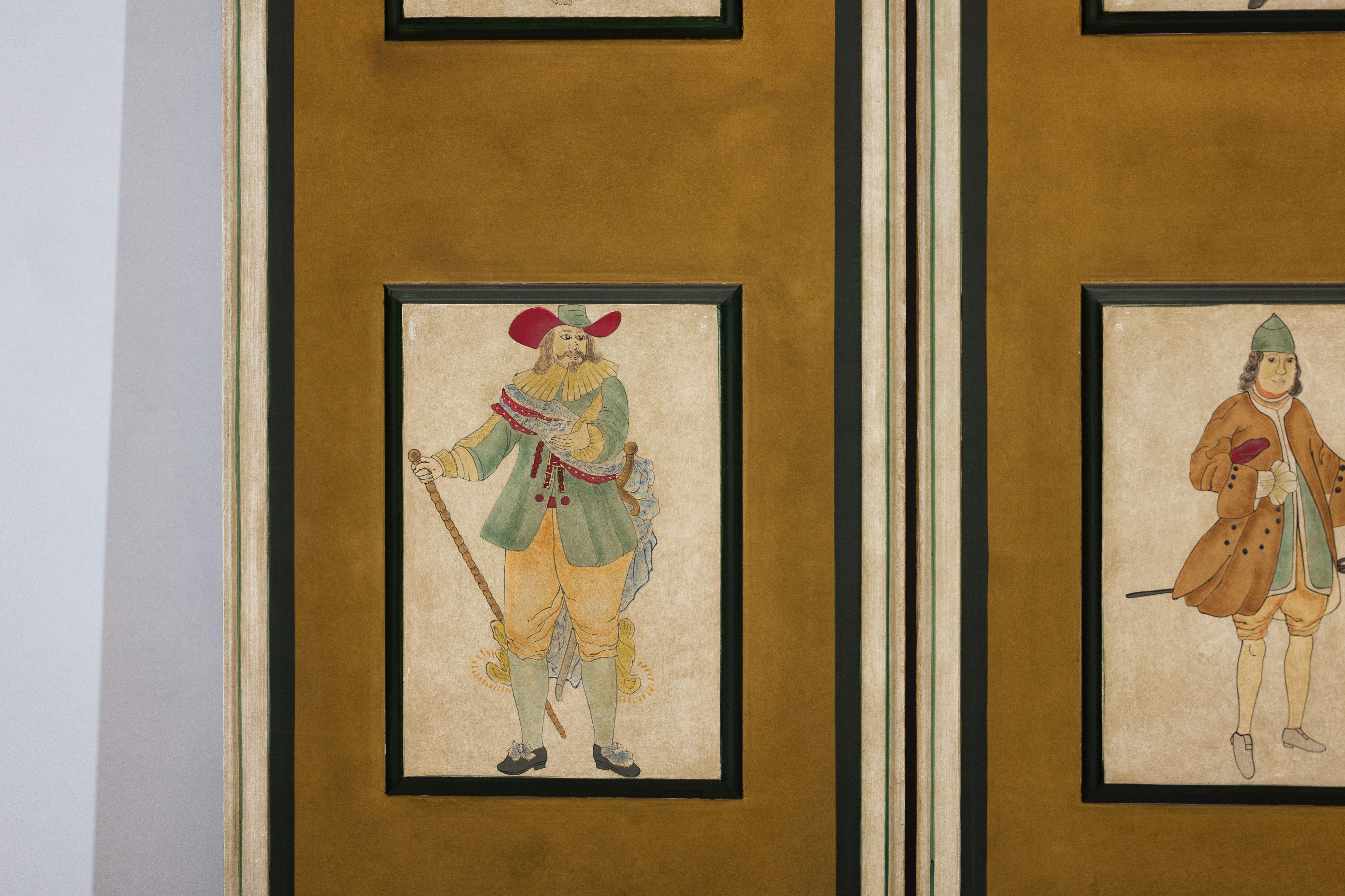 Paravento a quattro pannelli con figure di costumi teatrali dipinte su pannelli rialzati in vendita 3