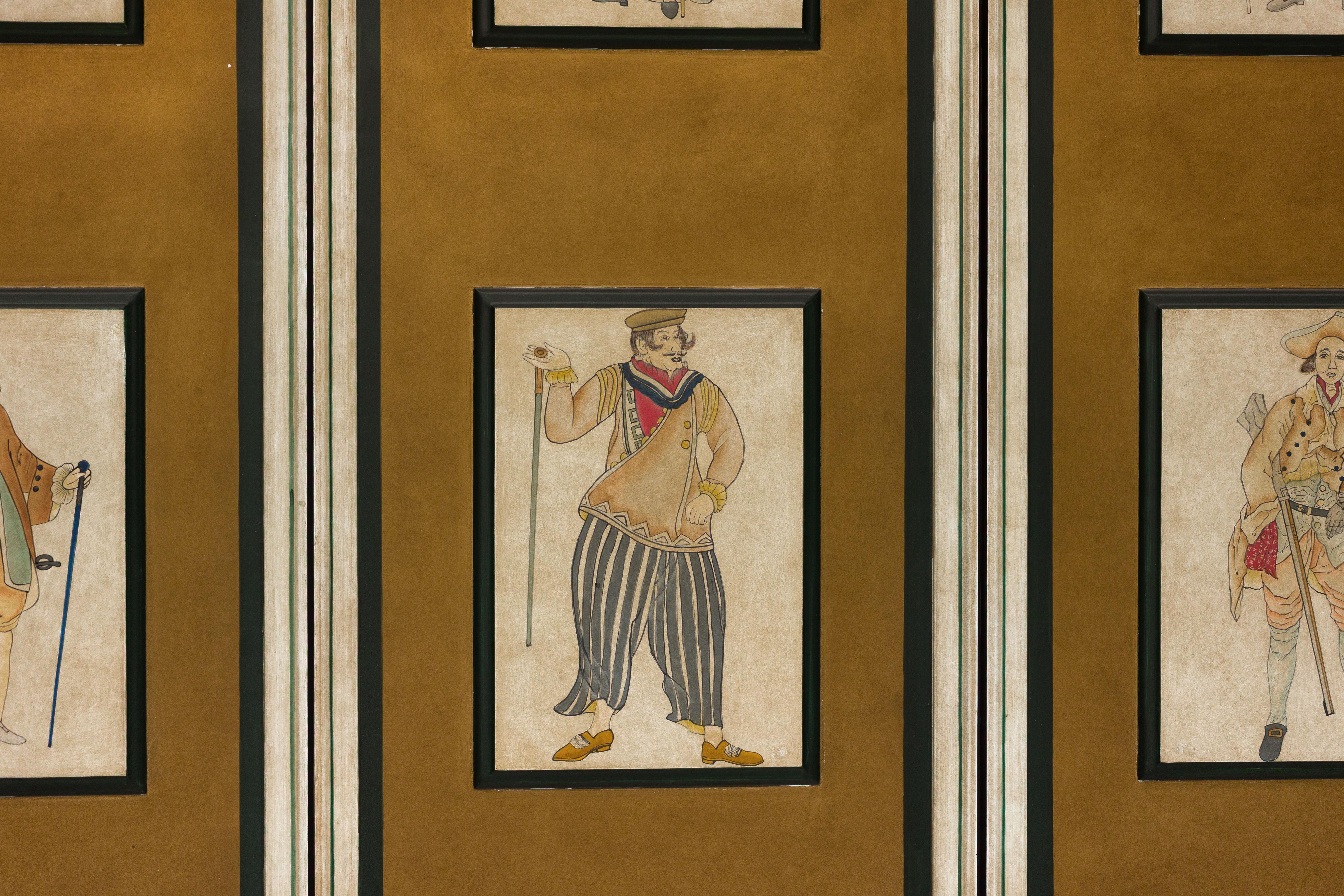 Paravento a quattro pannelli con figure di costumi teatrali dipinte su pannelli rialzati in vendita 5