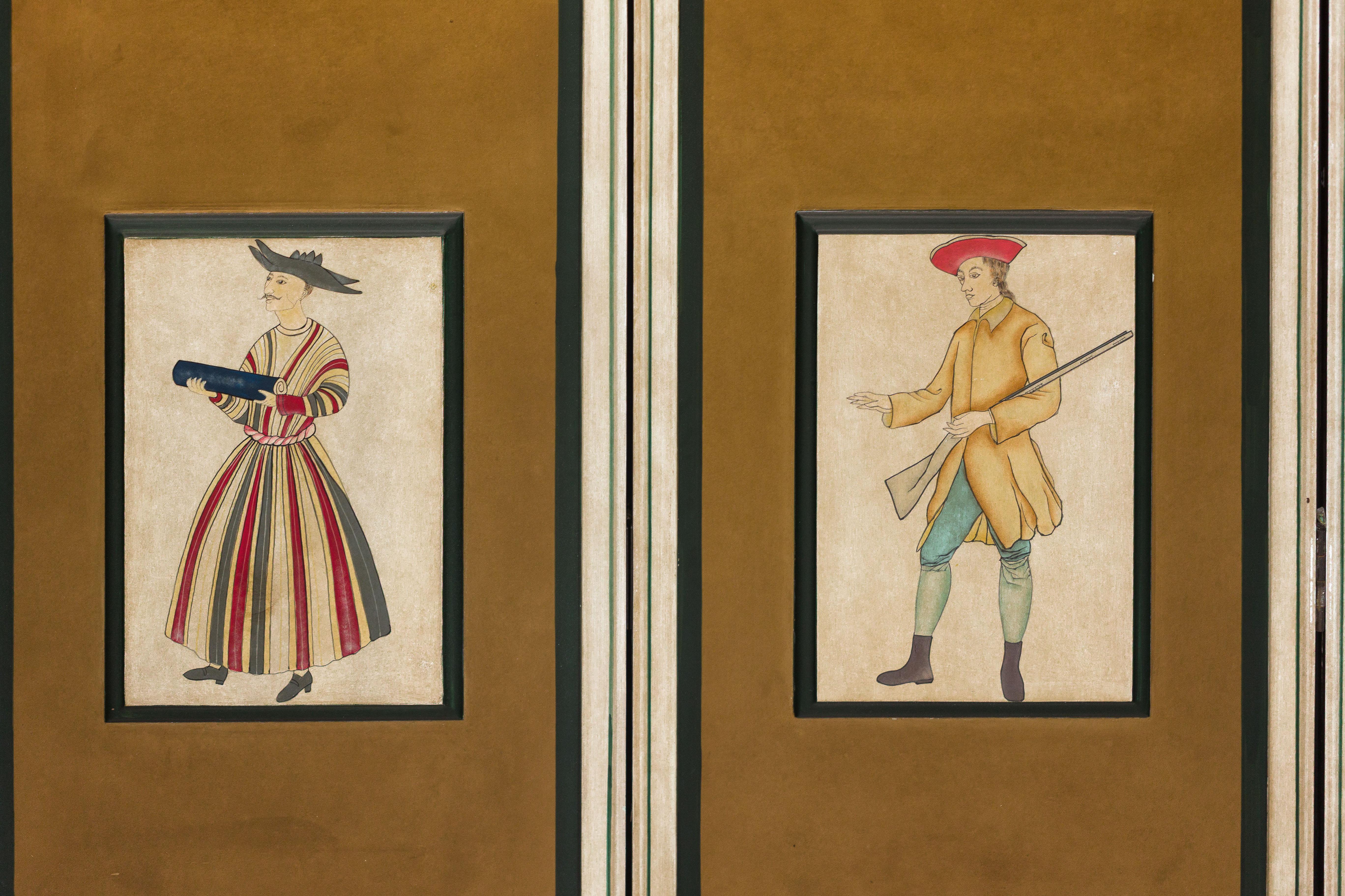 Paravento a quattro pannelli con figure di costumi teatrali dipinte su pannelli rialzati in vendita 7