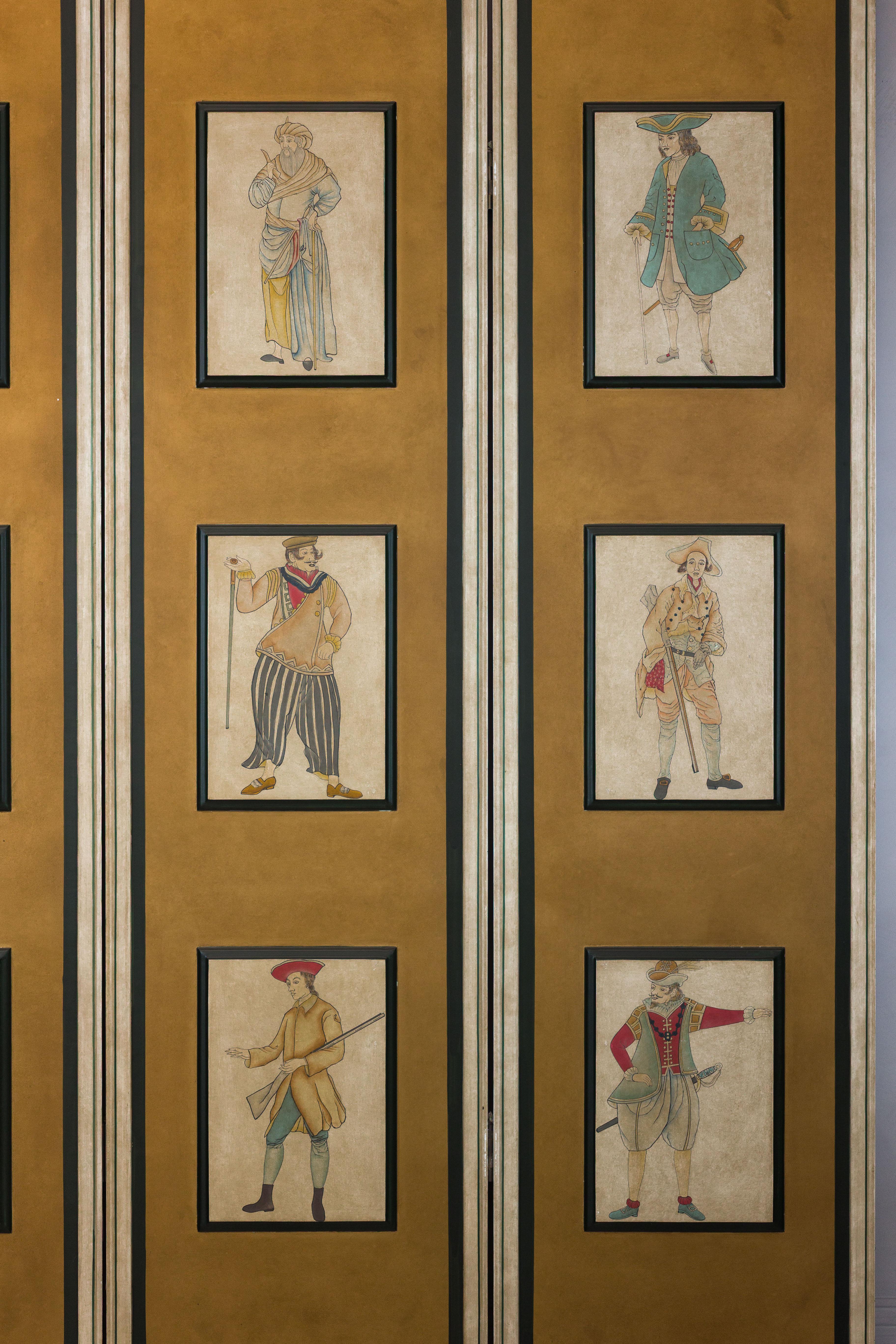 Paravento a quattro pannelli con figure di costumi teatrali dipinte su pannelli rialzati in vendita 9