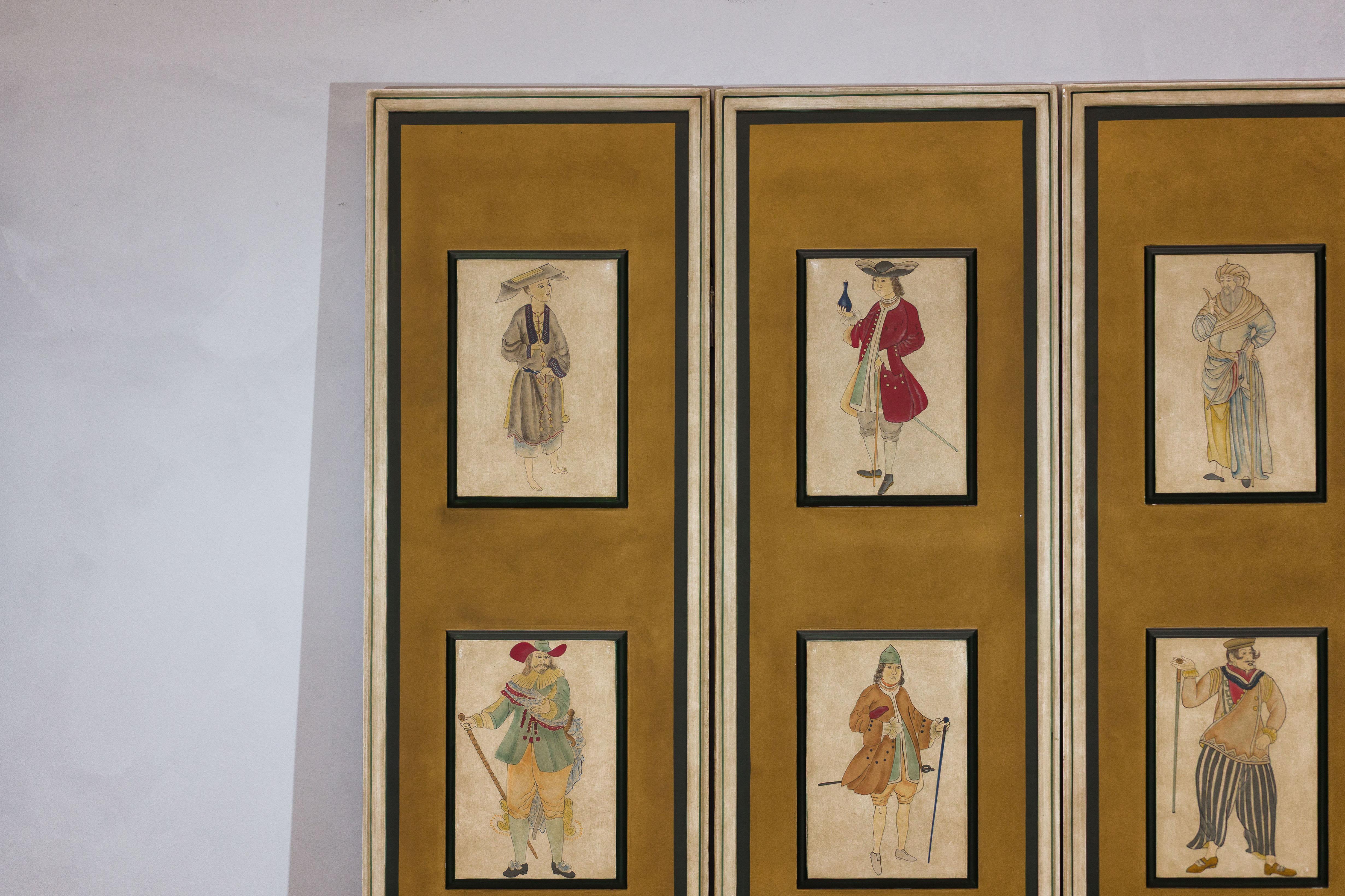 Dipinto a mano Paravento a quattro pannelli con figure di costumi teatrali dipinte su pannelli rialzati in vendita
