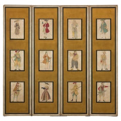 Four-Panel Screen with Painted Theatrical Costume Figures on Raised Panels