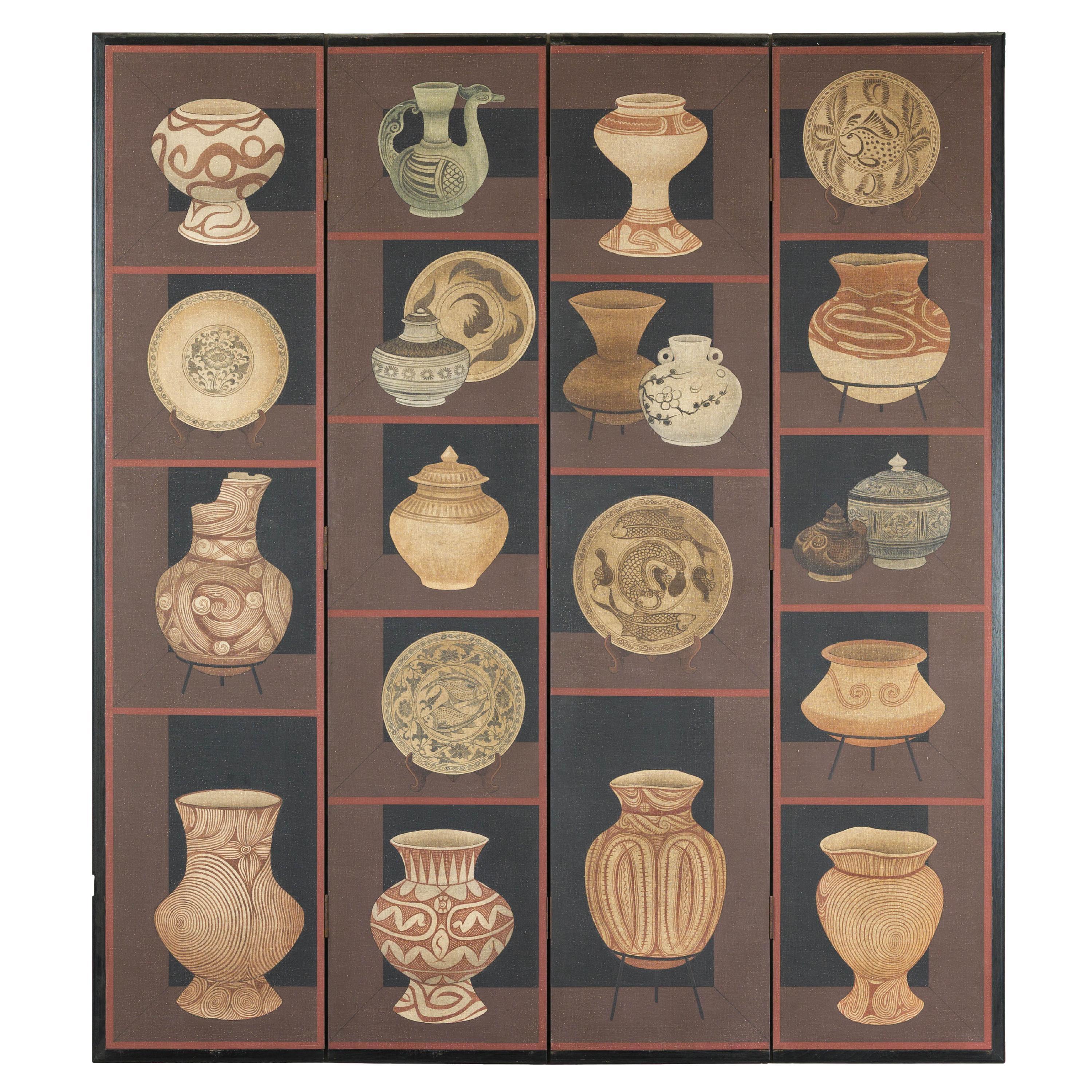 Four-Panel Screen with Painted Vessels and Plates in Brown and Black Tones