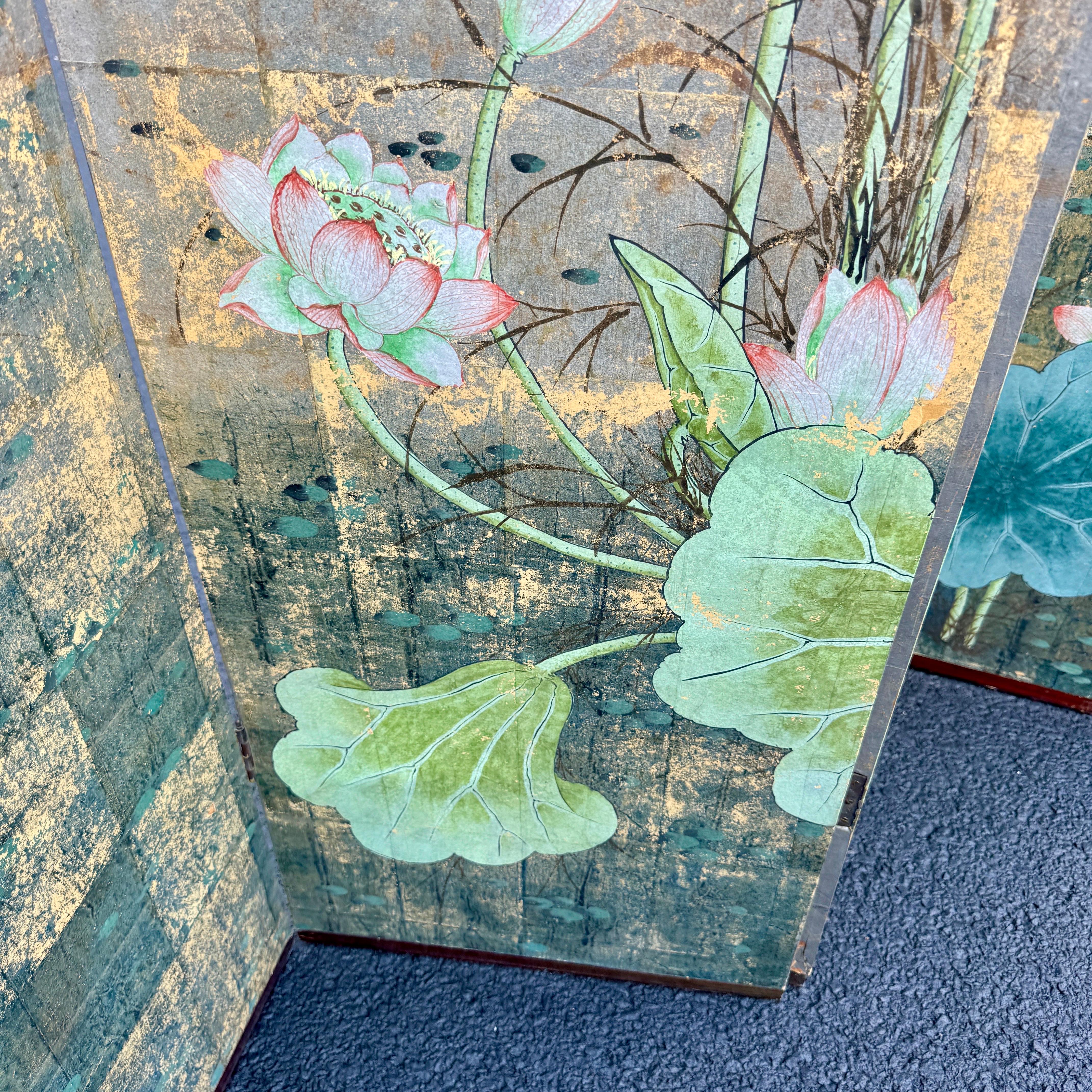 Four Panel Square Silver Leaf Bird Flower Folding Screen 3