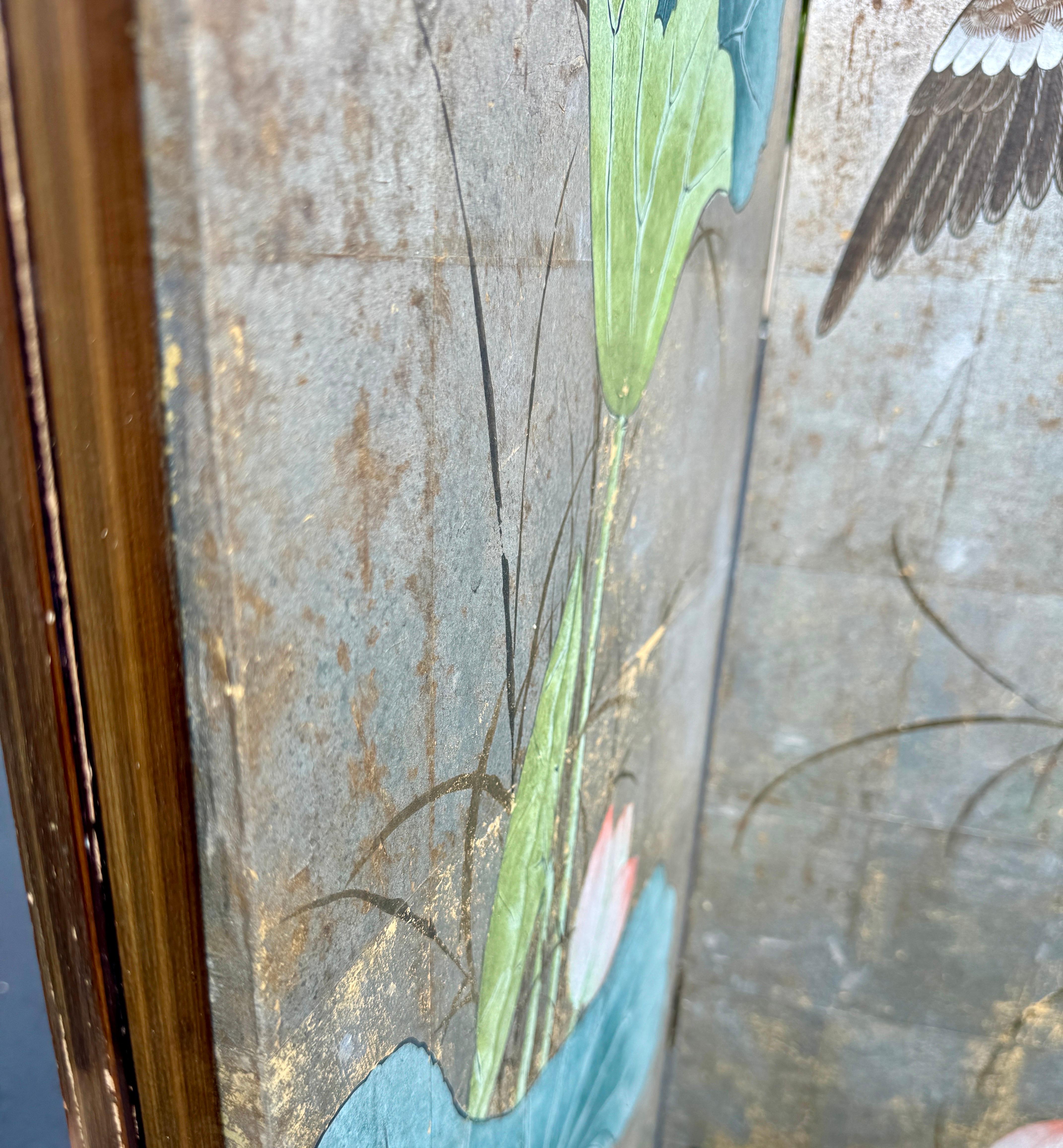 Four Panel Square Silver Leaf Bird Flower Folding Screen 4