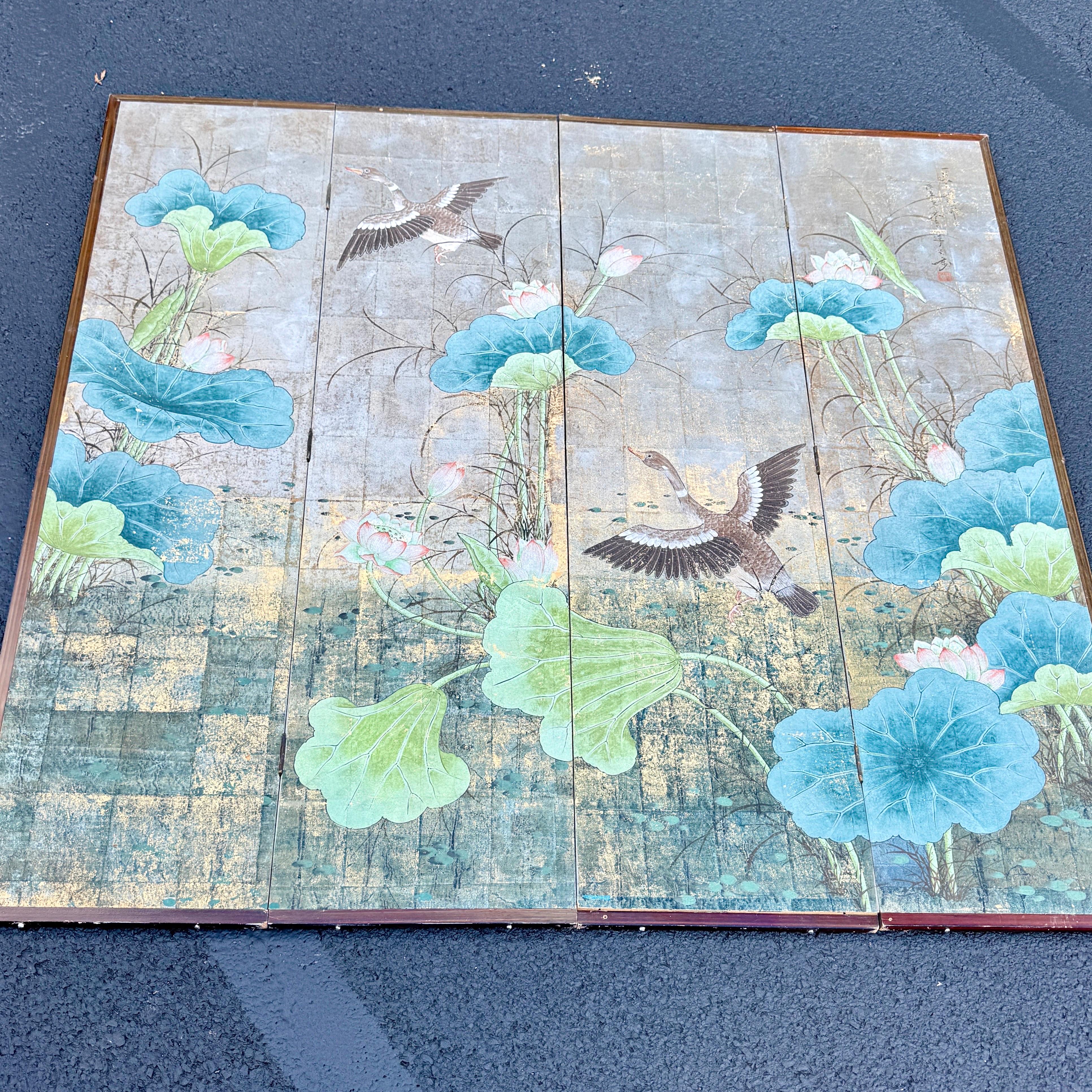 Four Panel Square Silver Leaf Bird Flower Folding Screen 5