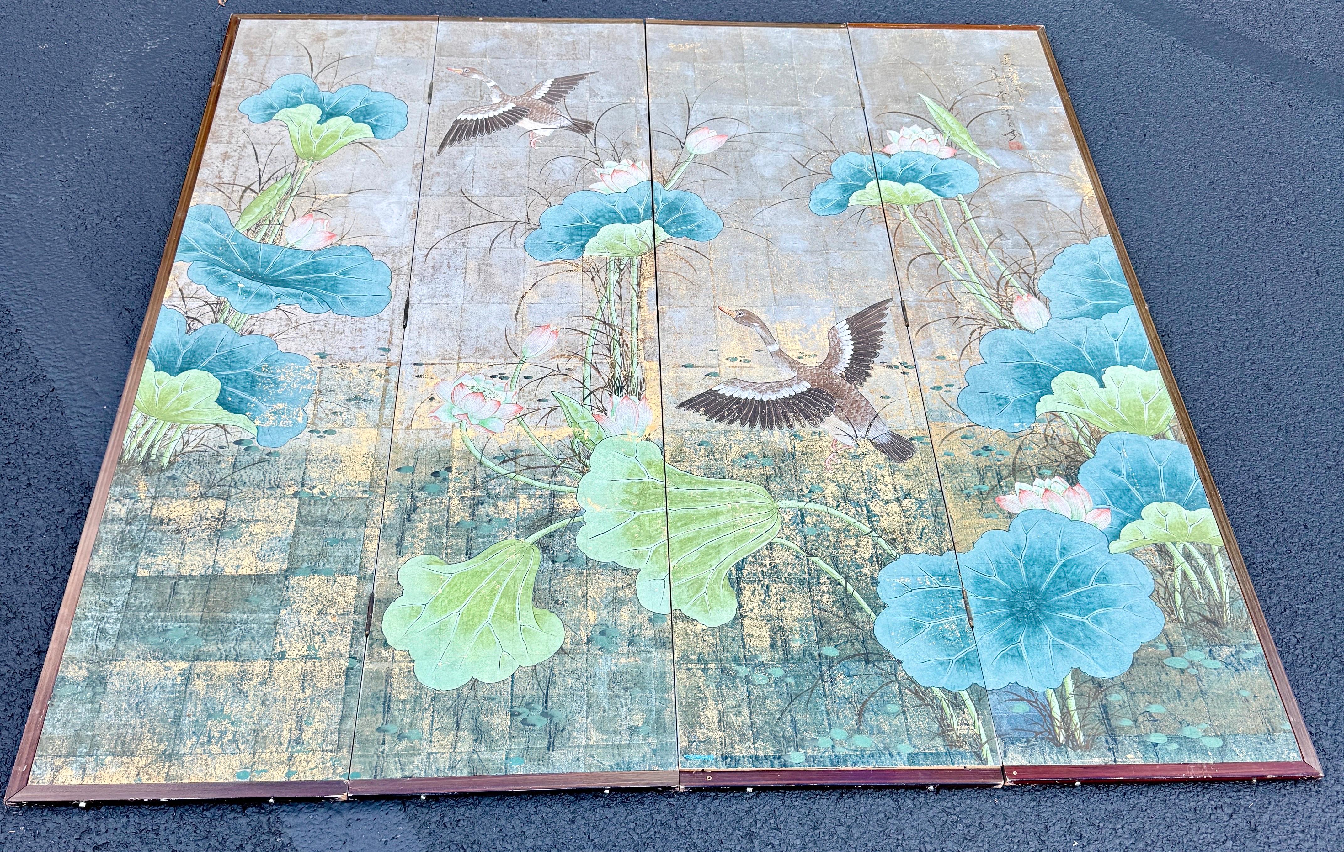Four Panel Square Silver Leaf Bird Flower Folding Screen 6