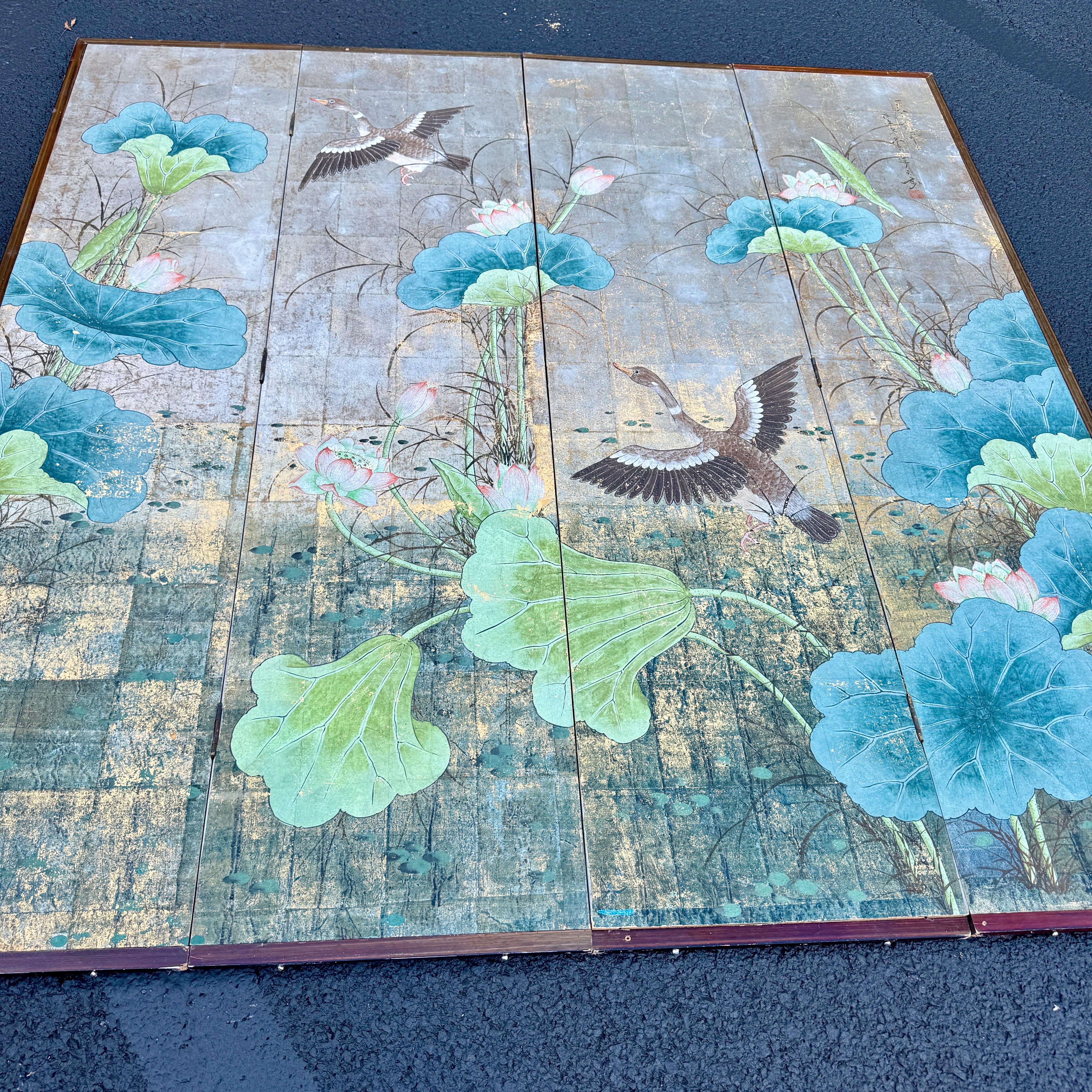Four Panel Square Silver Leaf Bird Flower Folding Screen 7