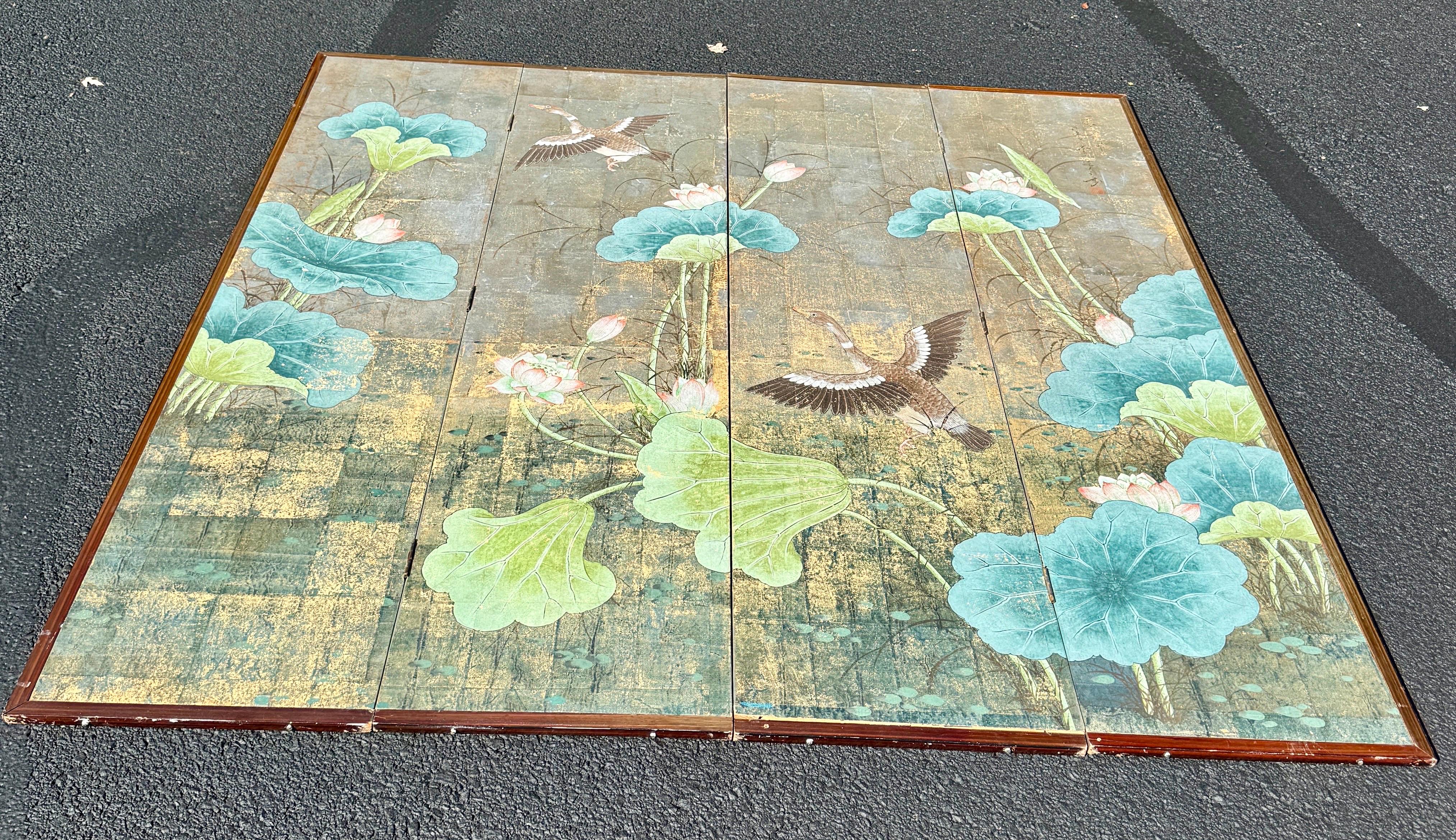 Four Panel Square Silver Leaf Bird Flower Folding Screen 8