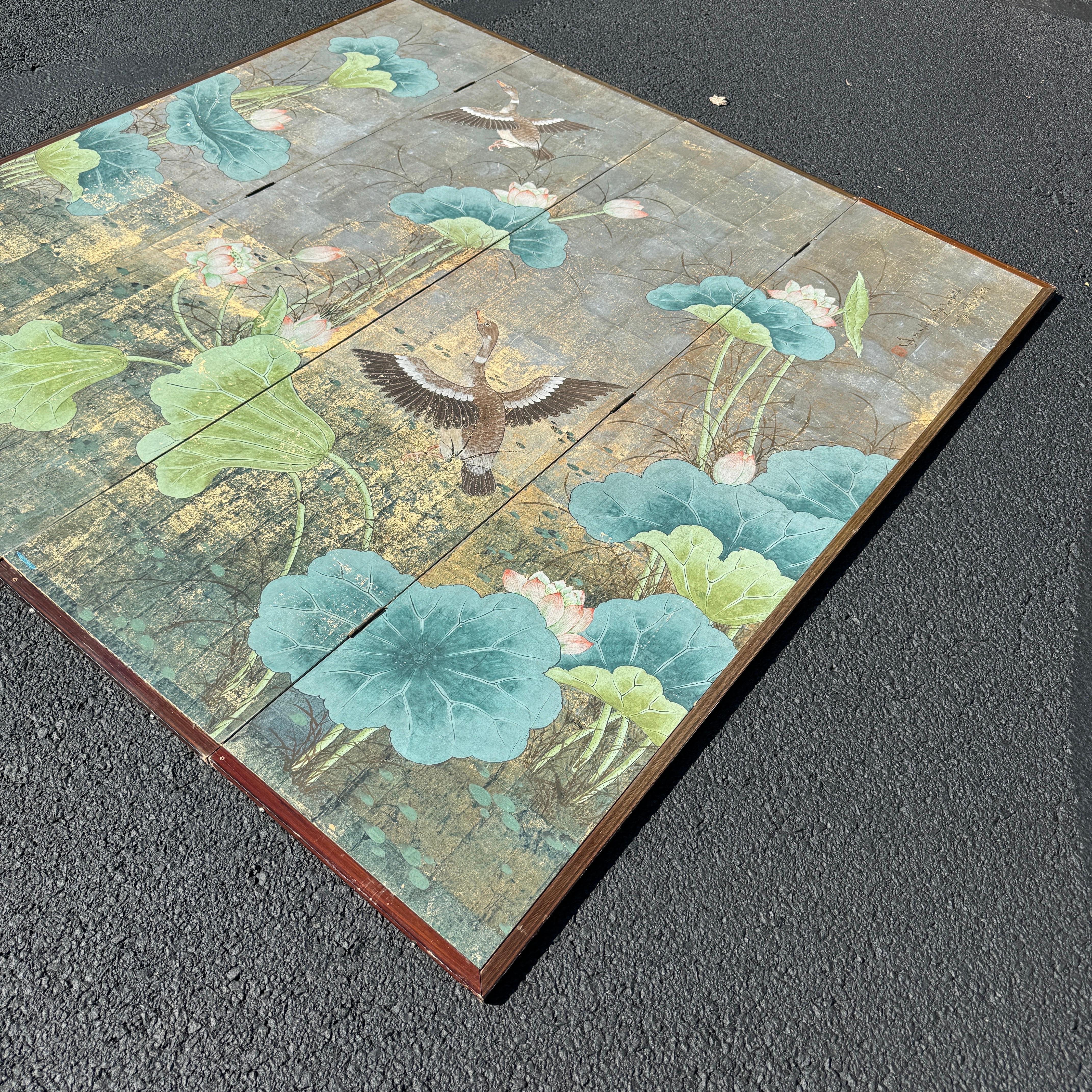 Four Panel Square Silver Leaf Bird Flower Folding Screen 11
