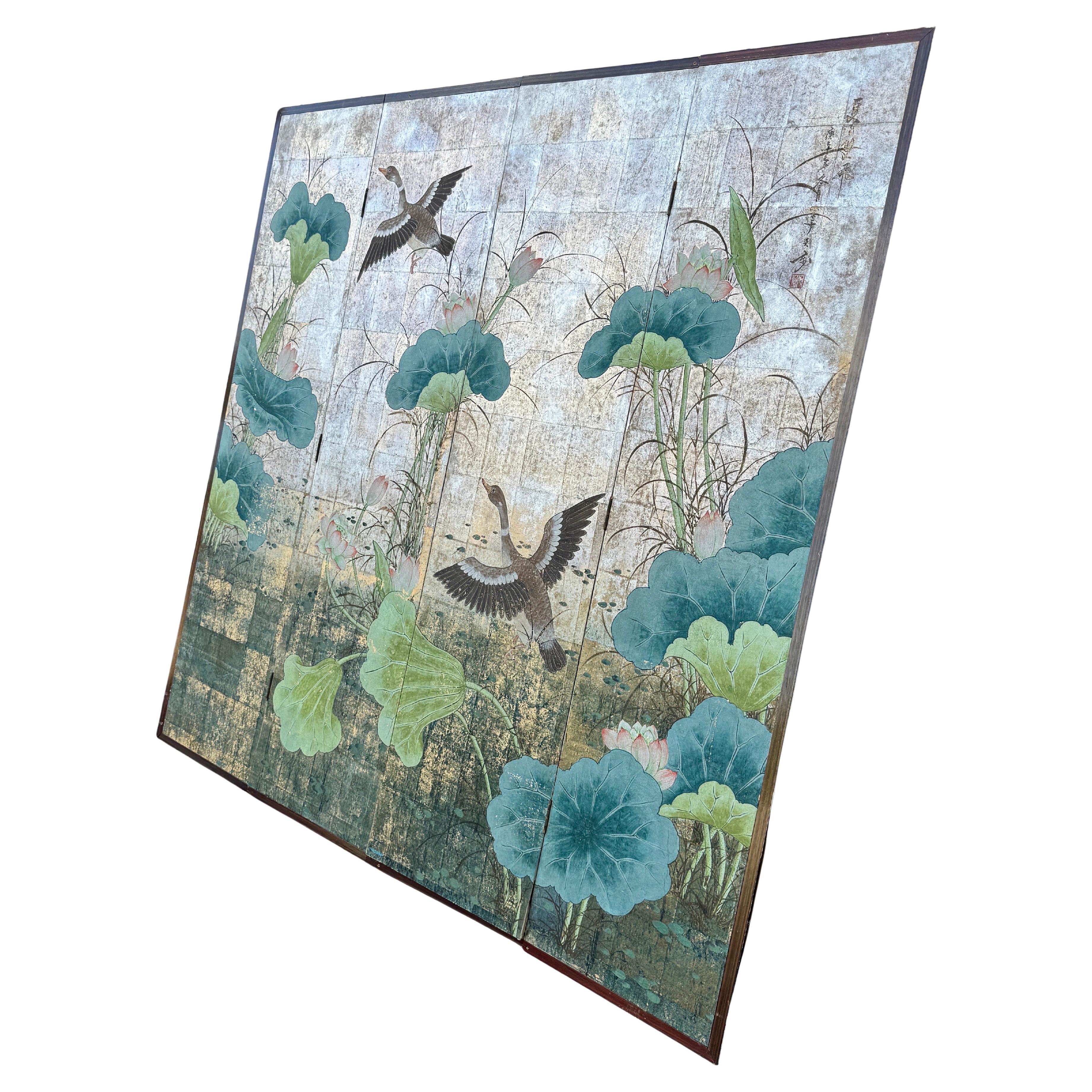 Mid-Century Modern Four Panel Square Silver Leaf Bird Flower Folding Screen