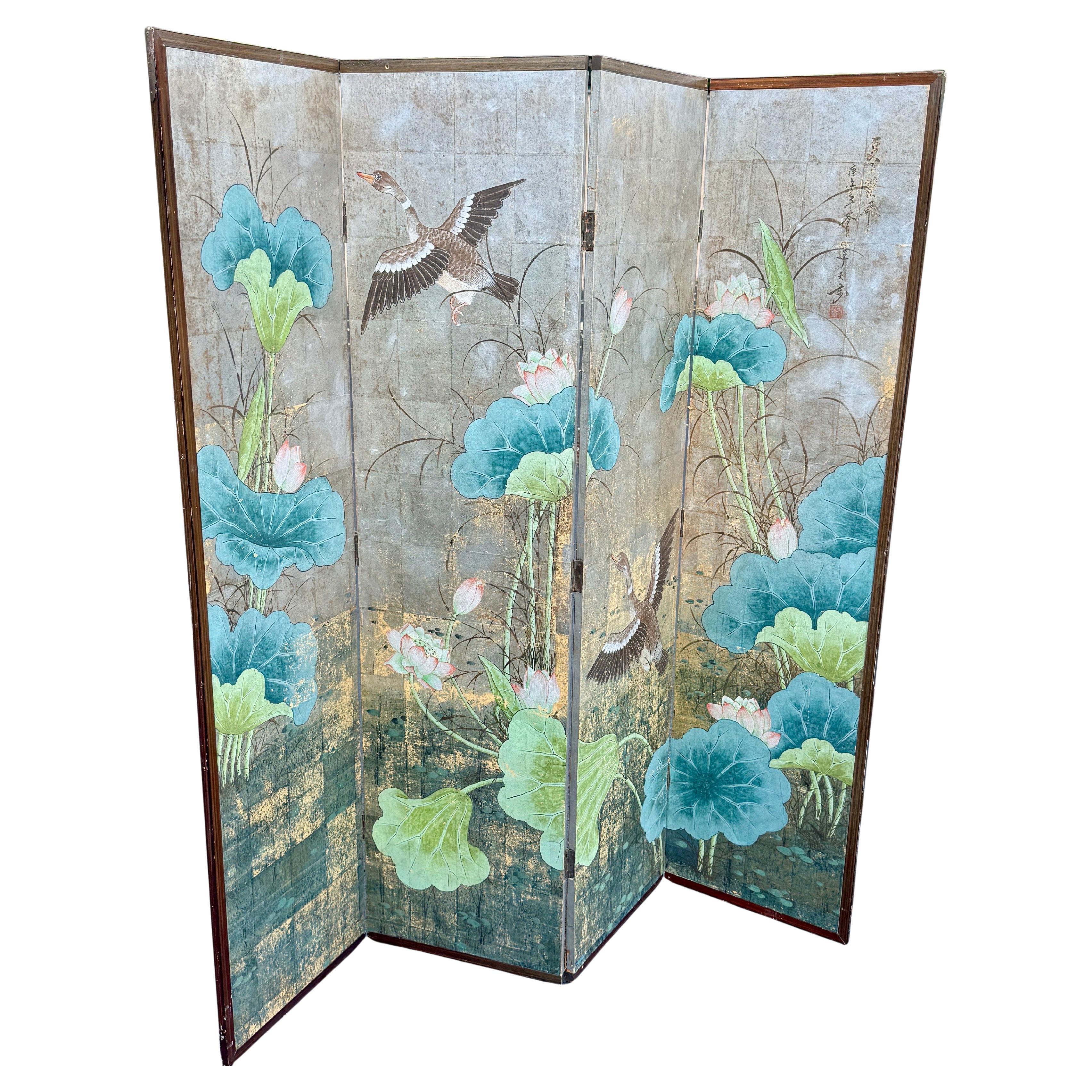 Japanese Four Panel Square Silver Leaf Bird Flower Folding Screen