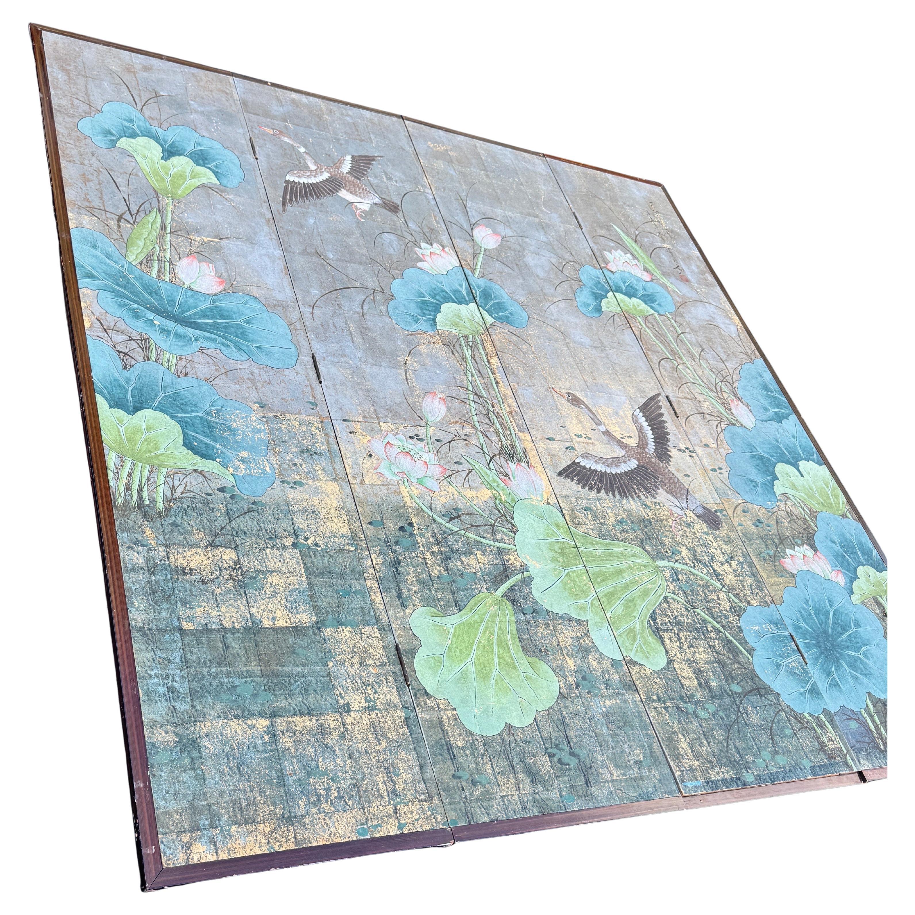 Hand-Crafted Four Panel Square Silver Leaf Bird Flower Folding Screen