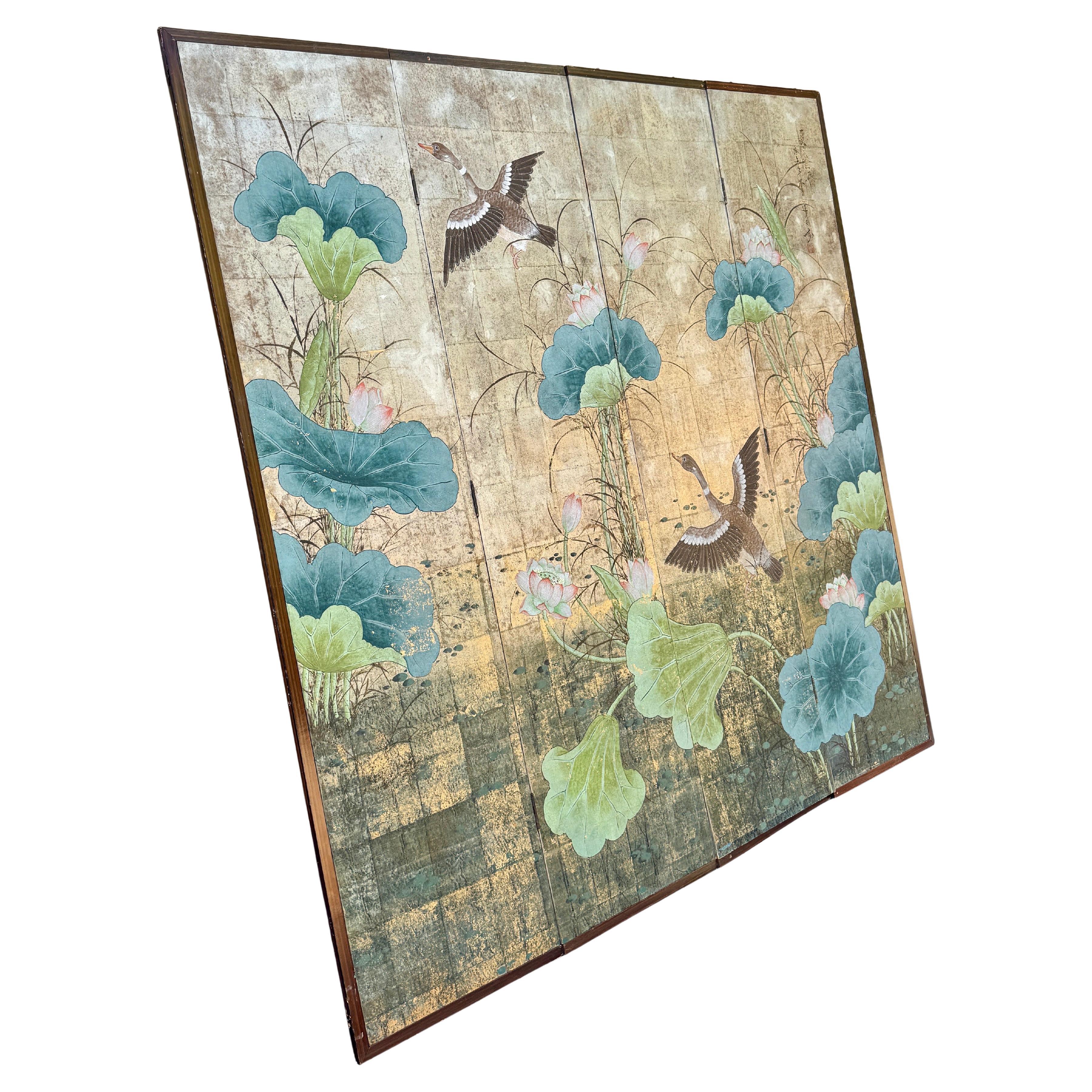 Four Panel Square Silver Leaf Bird Flower Folding Screen In Good Condition In Haddonfield, NJ
